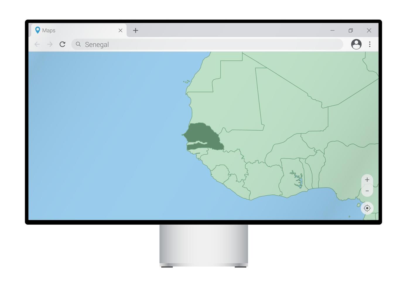 computermonitor mit karte von senegal im browser, suche im web-mapping-programm nach dem land von senegal. vektor