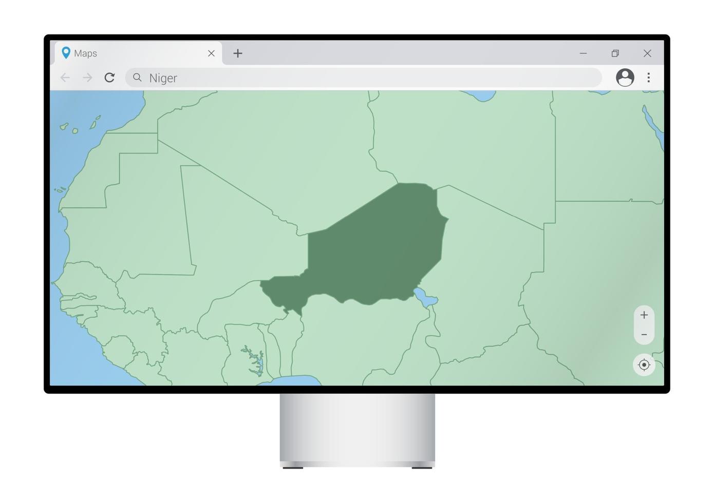 dator övervaka med Karta av niger i webbläsare, Sök för de Land av niger på de webb kartläggning program. vektor