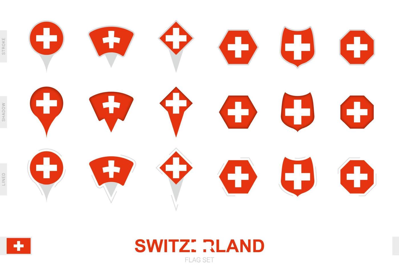 samling av de schweiz flagga i annorlunda former och med tre annorlunda effekter. vektor