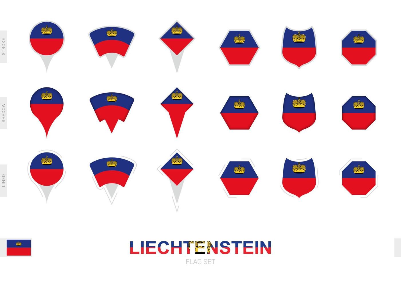Sammlung der liechtensteinischen Flagge in verschiedenen Formen und mit drei verschiedenen Effekten. vektor
