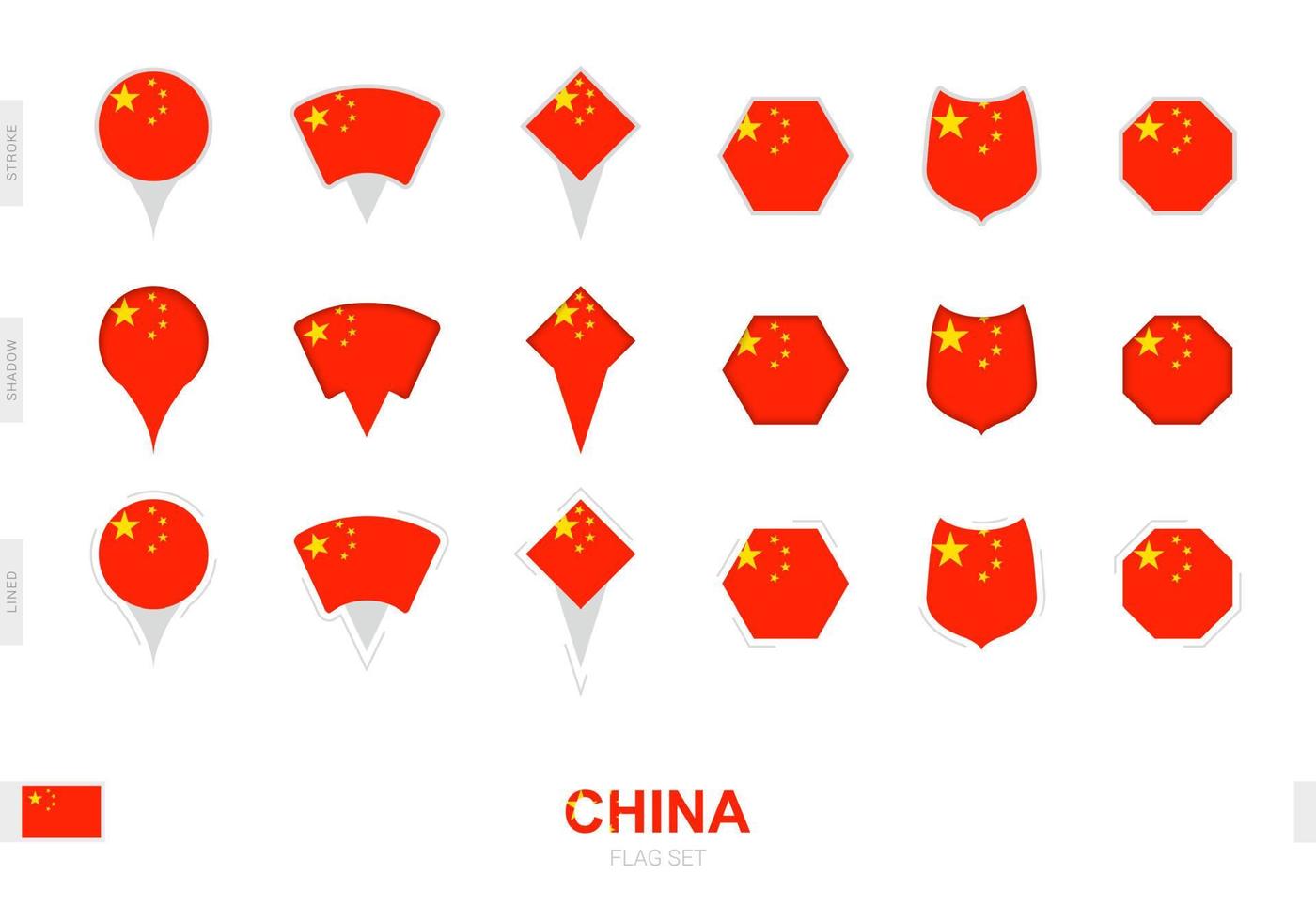 Sammlung der China-Flagge in verschiedenen Formen und mit drei verschiedenen Effekten. vektor