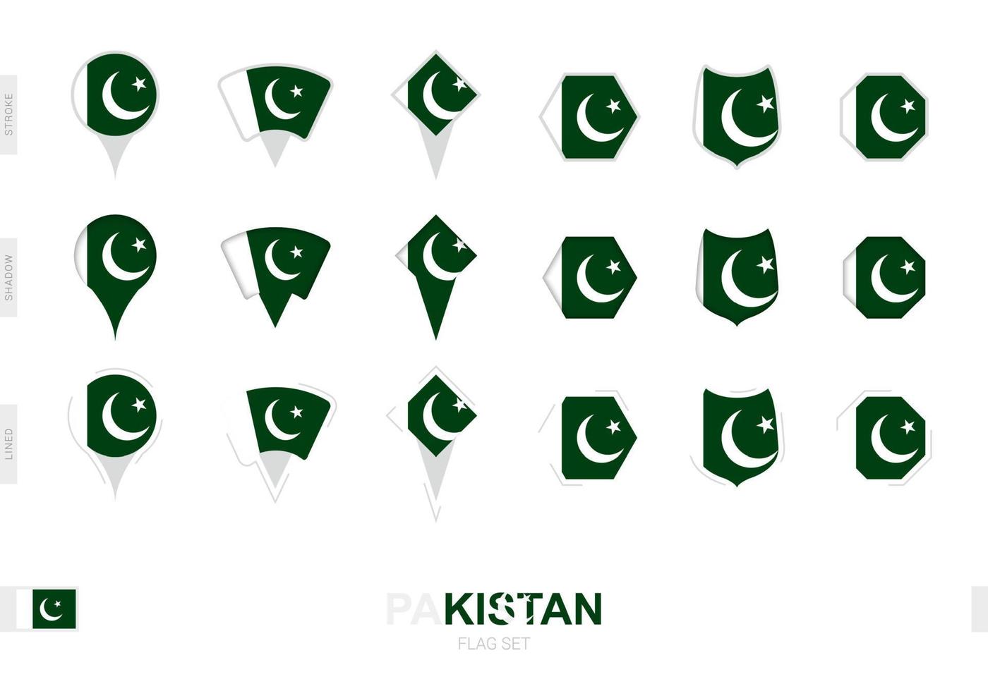 Sammlung der pakistanischen Flagge in verschiedenen Formen und mit drei verschiedenen Effekten. vektor