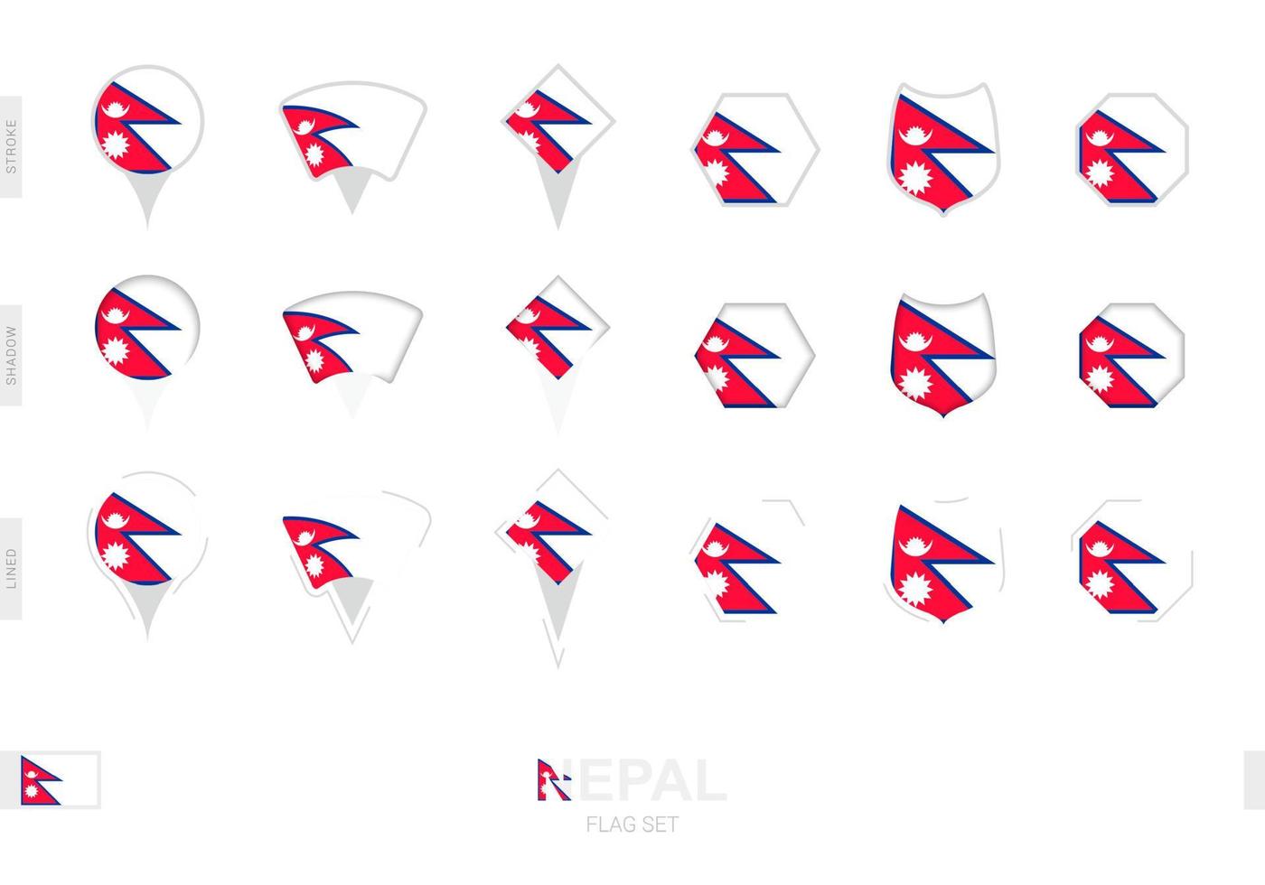 samling av de nepal flagga i annorlunda former och med tre annorlunda effekter. vektor