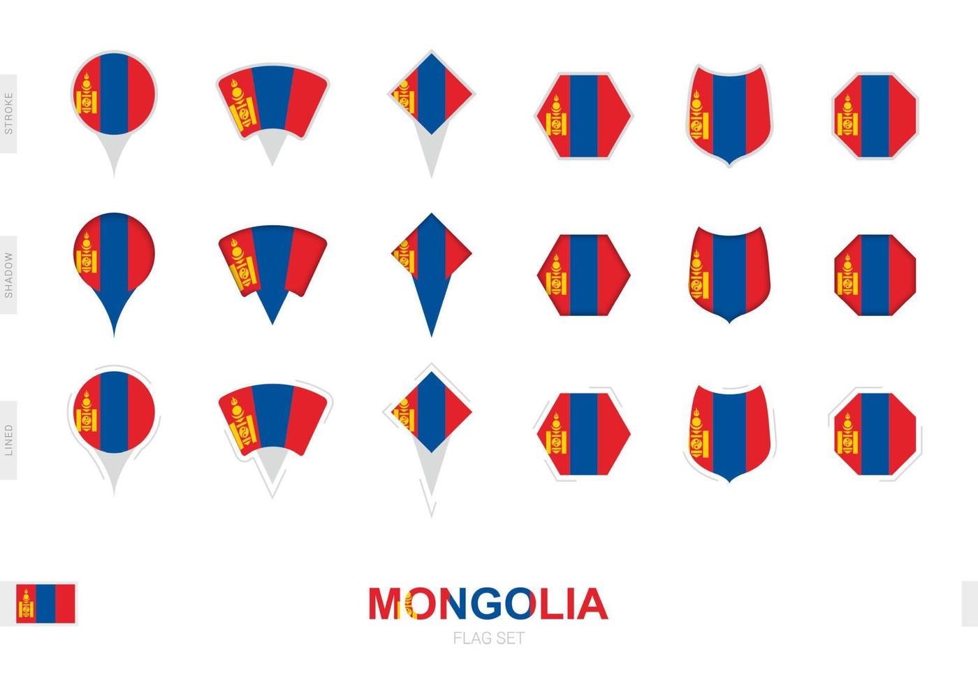 Sammlung der Mongolei-Flagge in verschiedenen Formen und mit drei verschiedenen Effekten. vektor