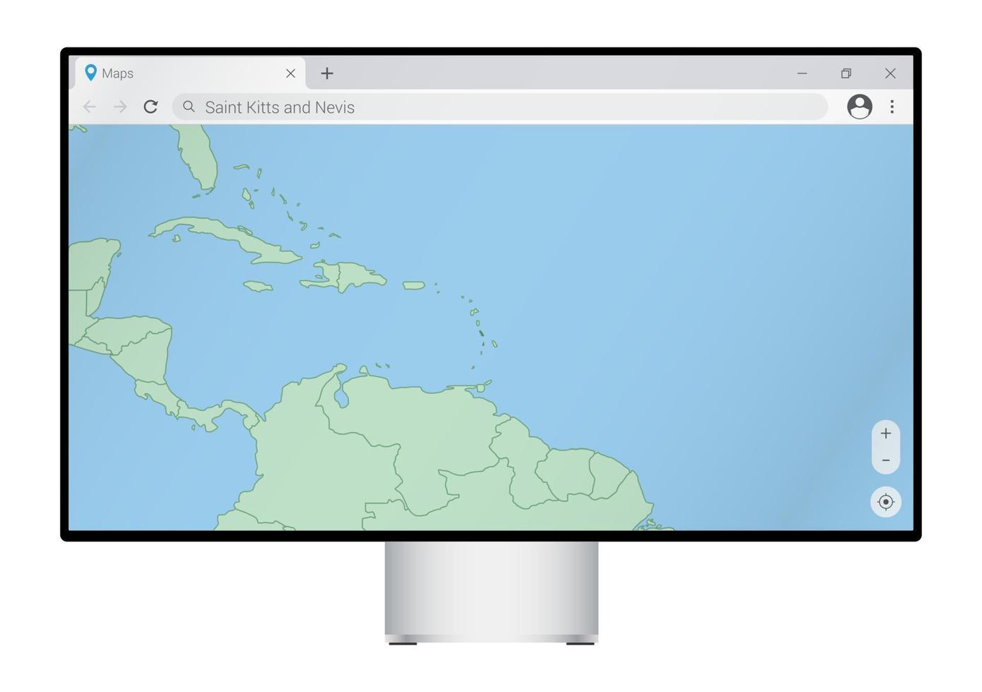 computermonitor mit karte von st. kitts und nevis im browser, suche im web-mapping-programm nach dem land von st. kitts und nevis. vektor