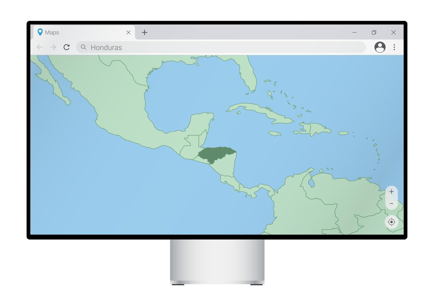 computermonitor mit karte von honduras im browser, suchen sie im web-mapping-programm nach dem land von honduras. vektor