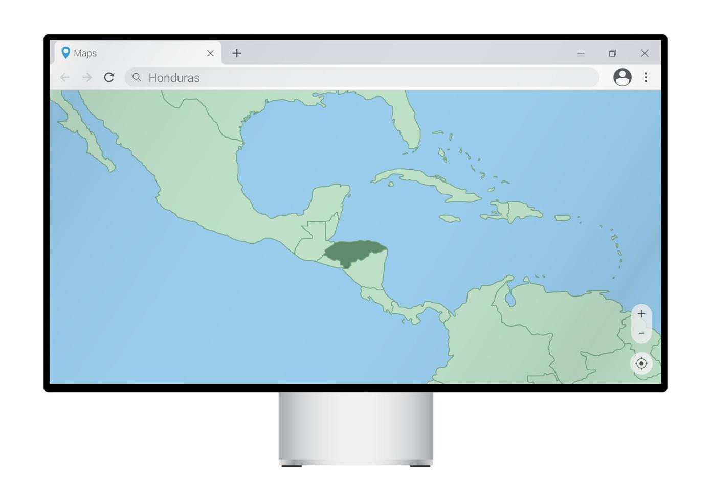 dator övervaka med Karta av honduras i webbläsare, Sök för de Land av honduras på de webb kartläggning program. vektor