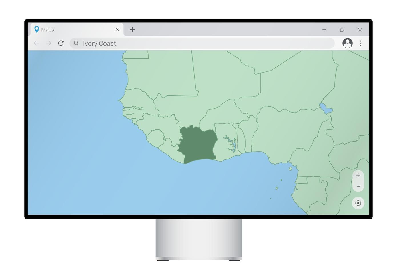 computermonitor mit karte der elfenbeinküste im browser, suchen sie im web-mapping-programm nach dem land der elfenbeinküste. vektor