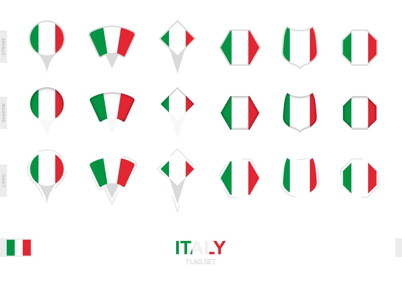sammlung der italien-flagge in verschiedenen formen und mit drei verschiedenen effekten. vektor