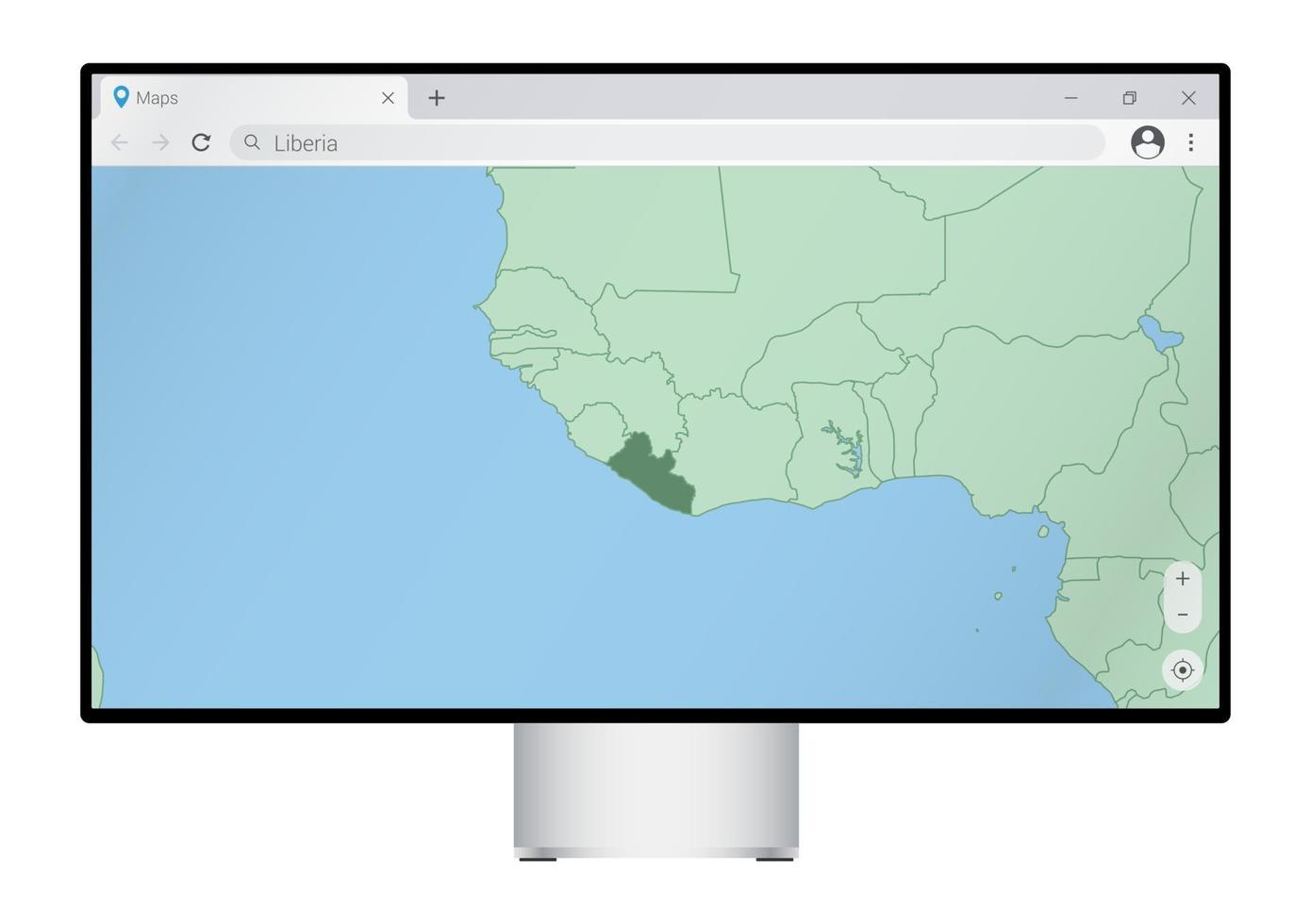 Computermonitor mit Karte von Liberia im Browser, suchen Sie im Web-Mapping-Programm nach dem Land Liberia. vektor