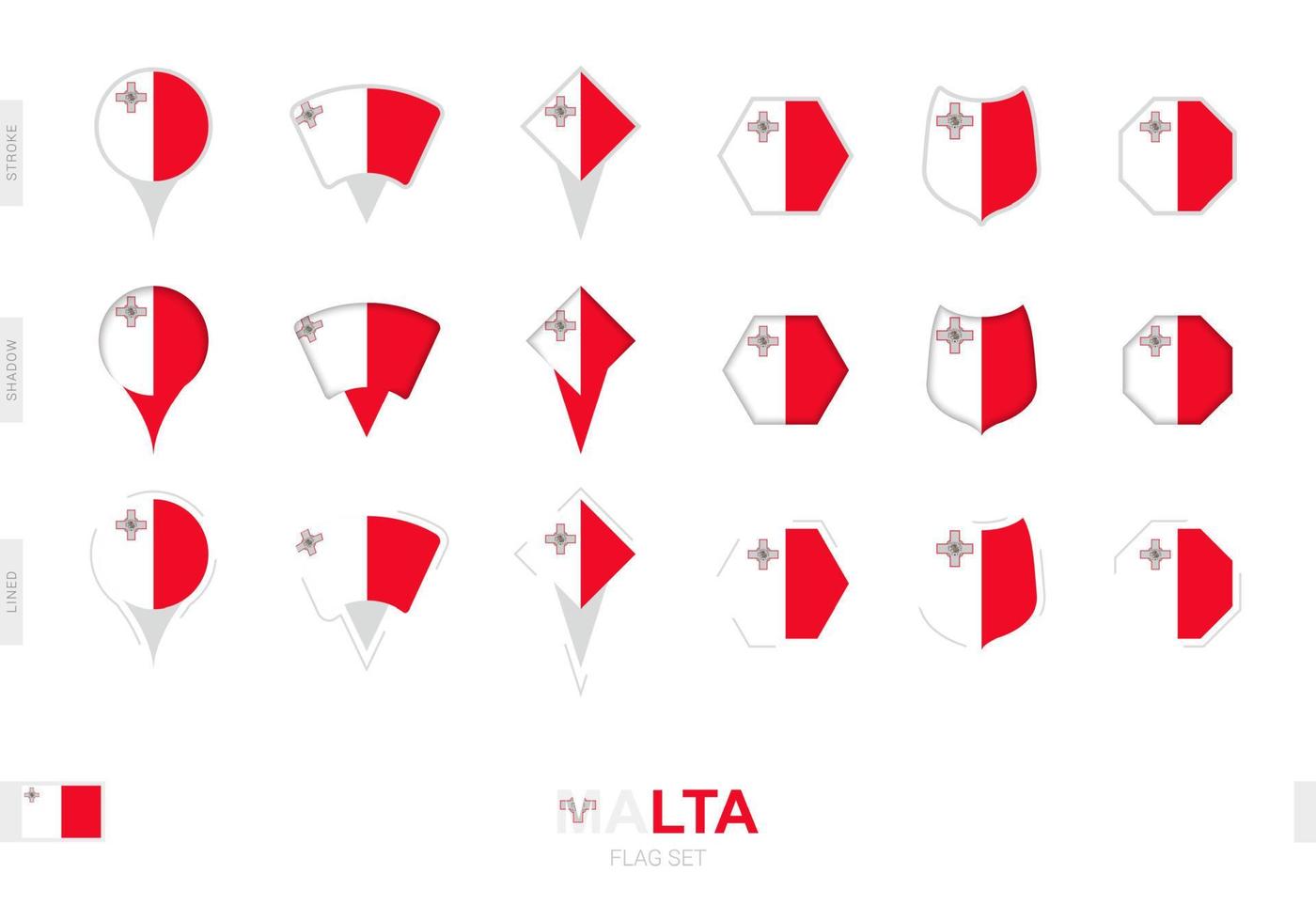 kollektion der malta-flagge in verschiedenen formen und mit drei verschiedenen effekten. vektor