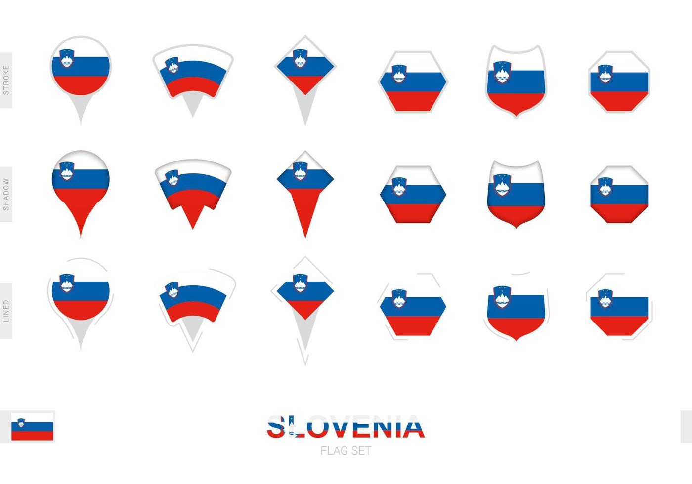 Sammlung der slowenischen Flagge in verschiedenen Formen und mit drei verschiedenen Effekten. vektor
