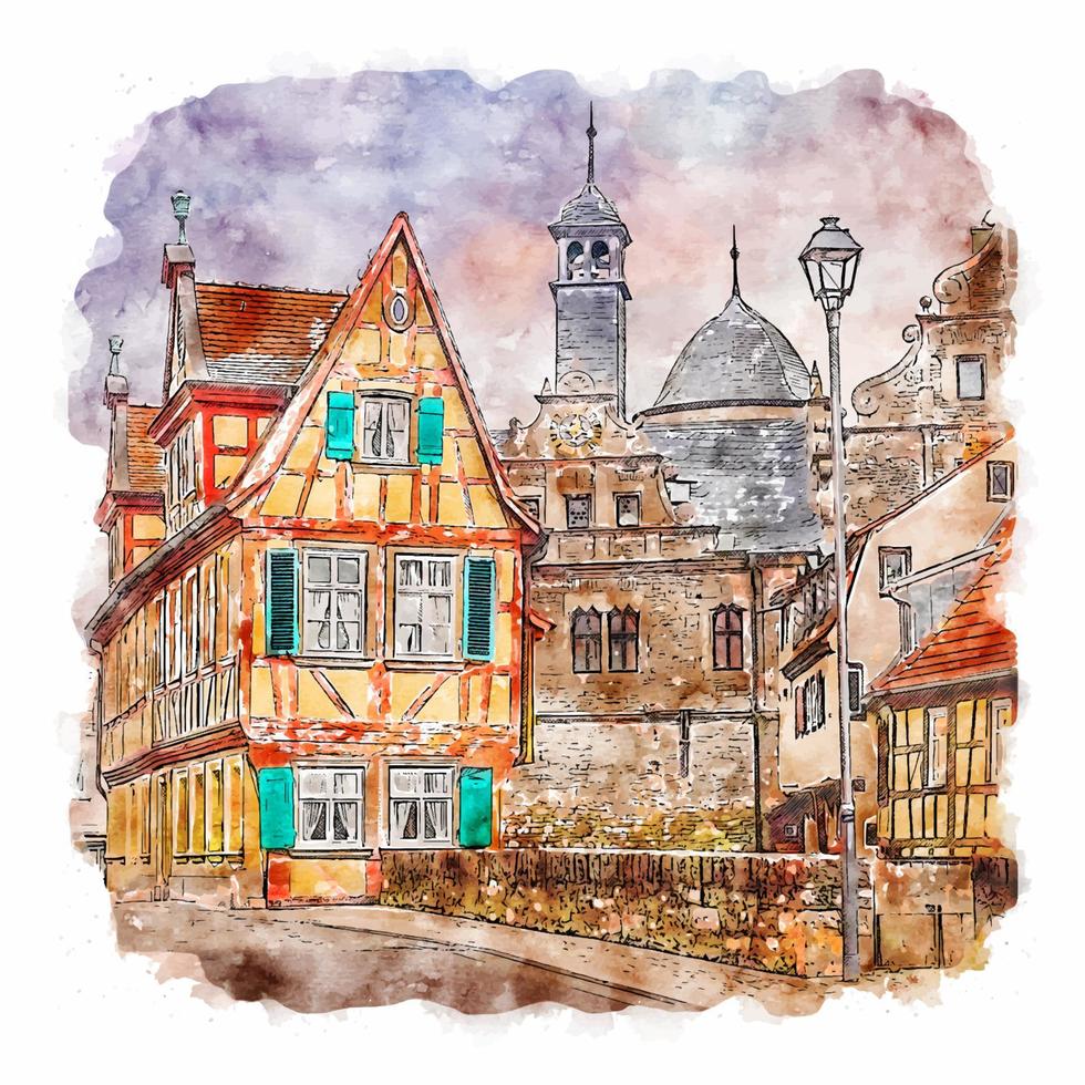 marktbreit deutschland aquarellskizze handgezeichnete illustration vektor