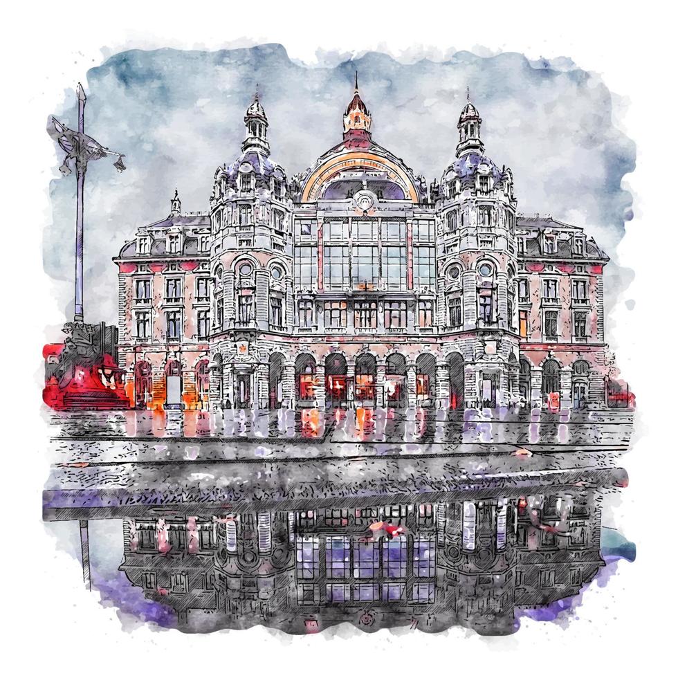 antwerpen belgien vattenfärg skiss hand dragen illustration vektor