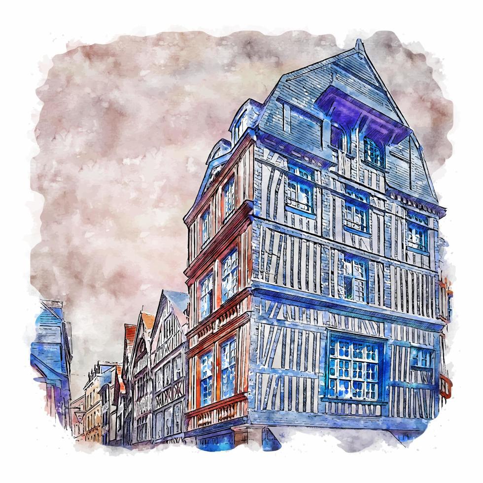 rouen frankreich aquarellskizze handgezeichnete illustration vektor