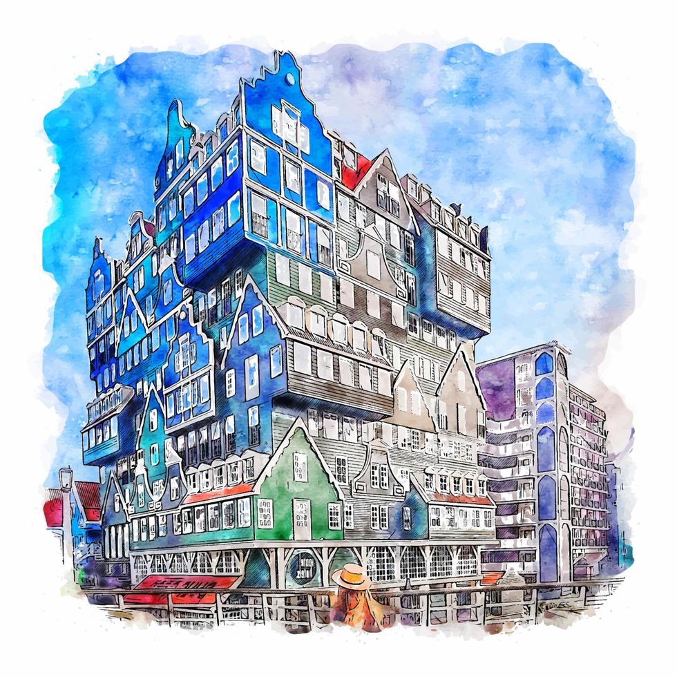 architektur amsterdam aquarell skizze handgezeichnete illustration vektor