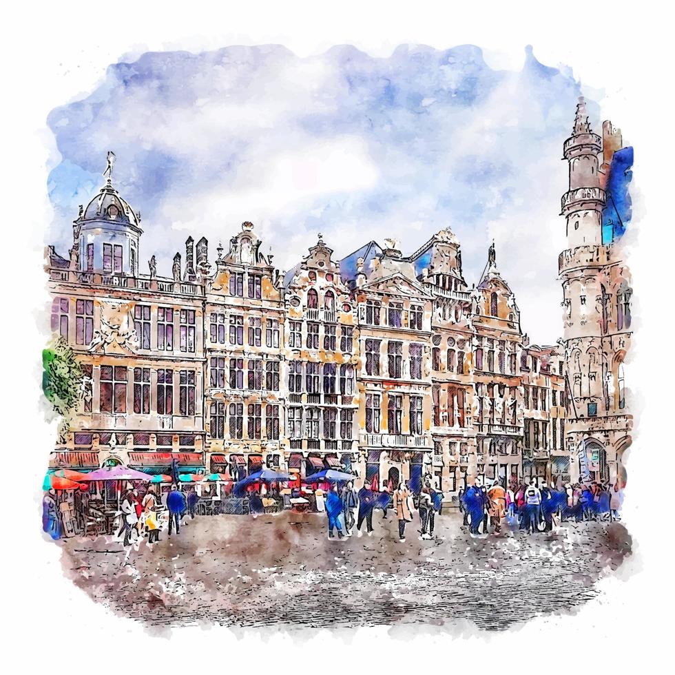 grand place bruxelles belgien aquarellskizze handgezeichnete illustration vektor