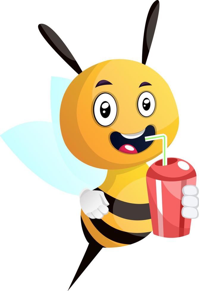 Biene trinkt Saft, lächelnd, Illustration, Vektor auf weißem Hintergrund.