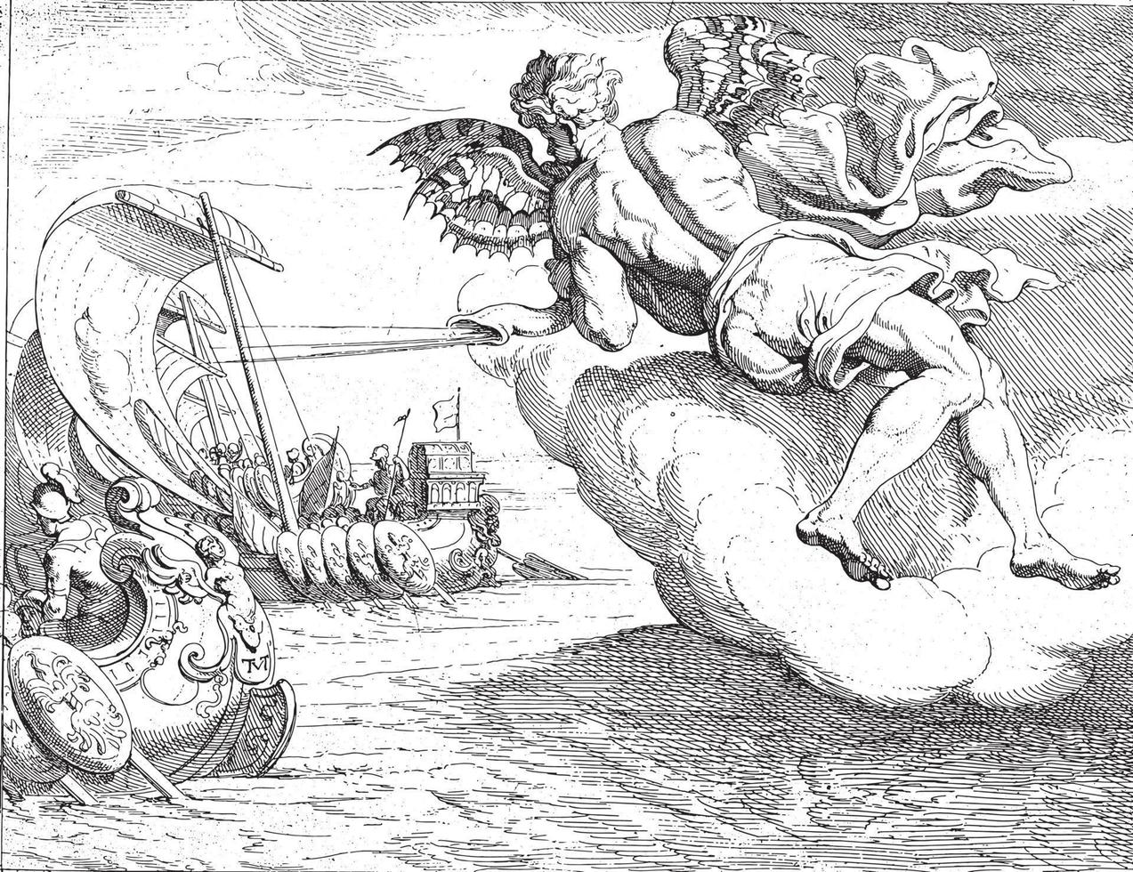 Zephyrus bläst Odysseus-Schiff nach vorne, Vintage-Illustration. vektor