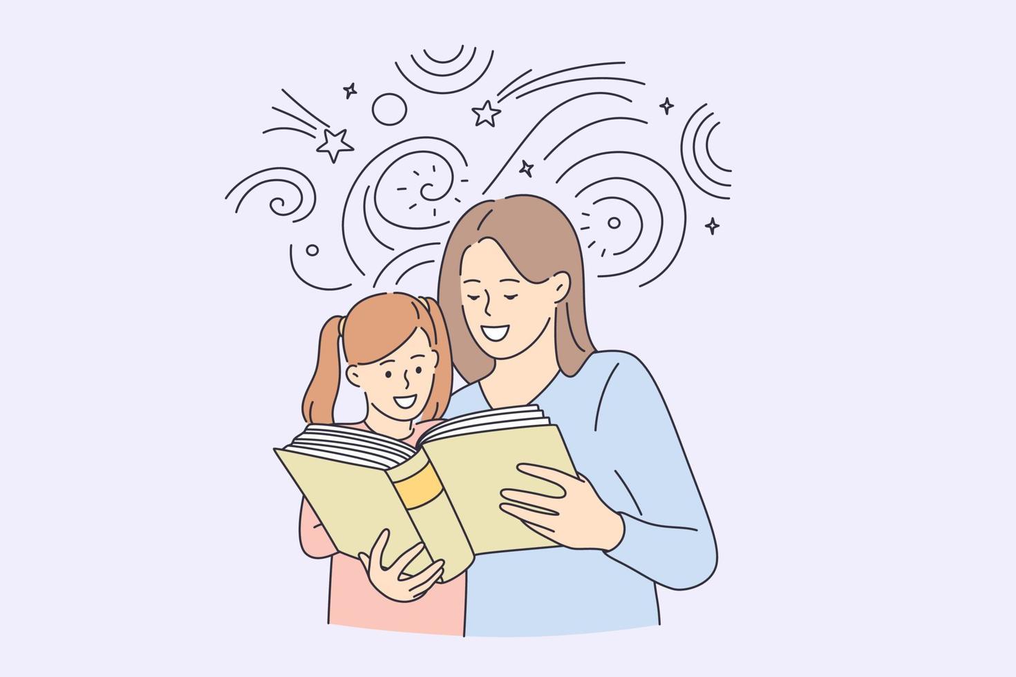 Lycklig barndom och utgifterna tid med barn begrepp. leende Lycklig mor och henne dotter tecknad serie tecken läsning bok tillsammans vektor illustration