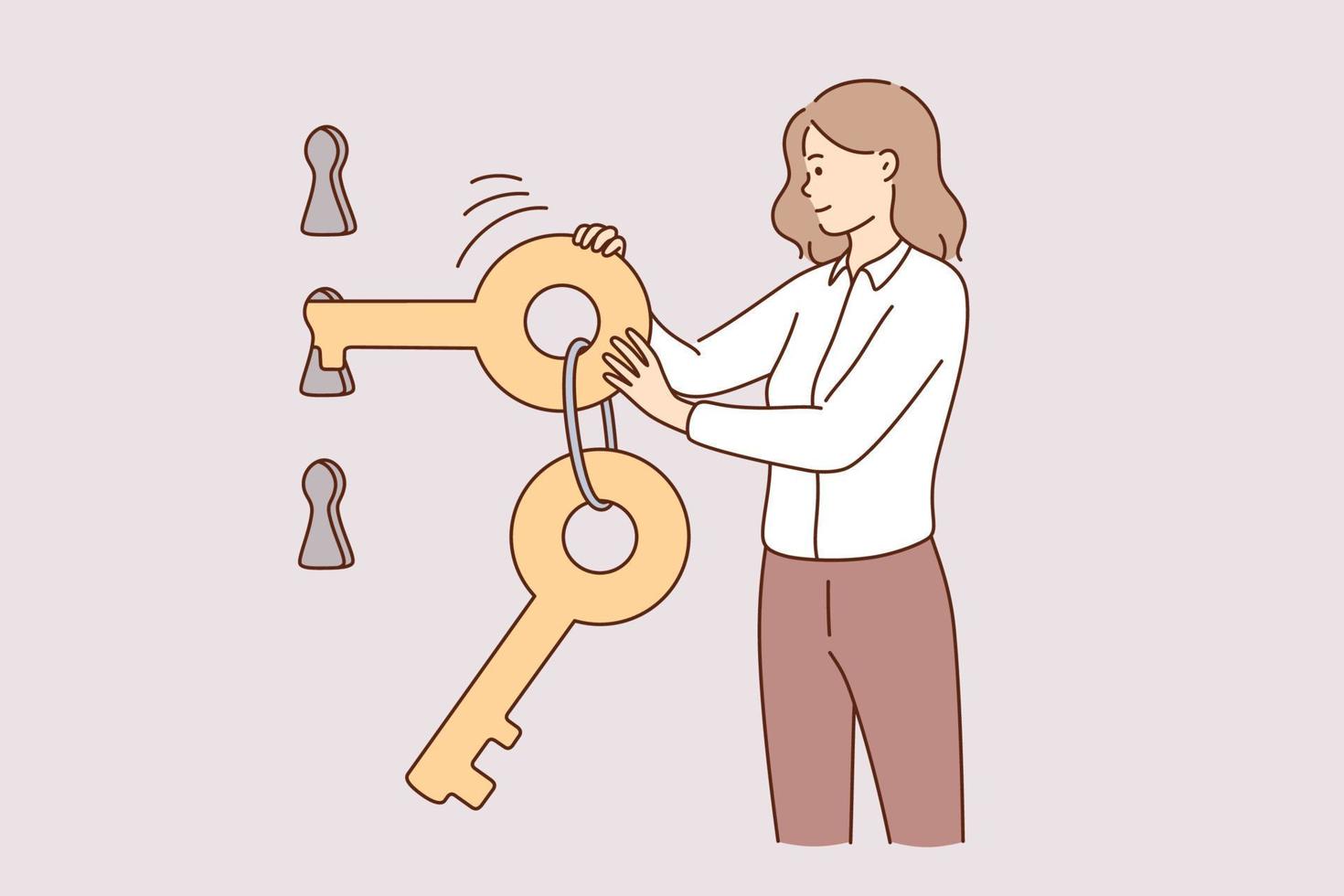 sicherheit, schutz des kontokonzepts. Cartoon-Figur der jungen Frau, die steht und den richtigen Schlüssel wählt, um die Schlüsselloch-Vektorillustration zu öffnen vektor