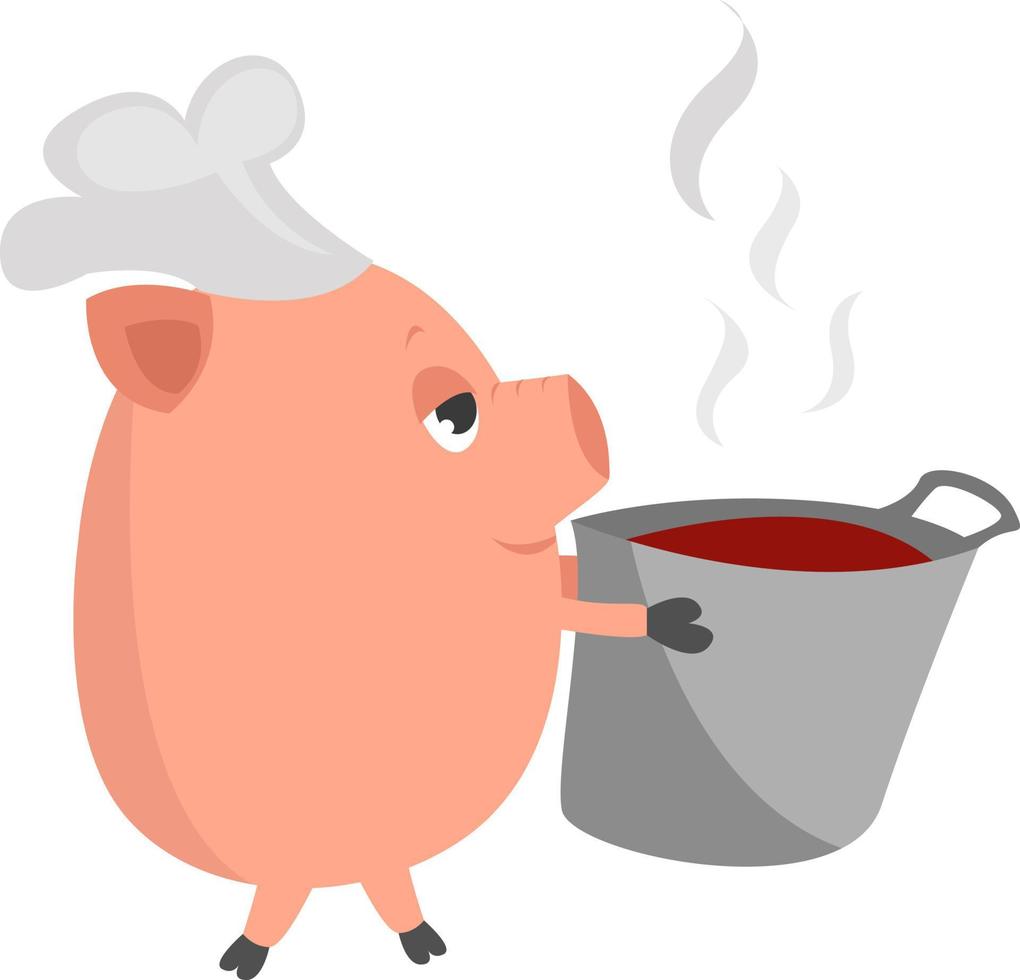 Schwein mit Suppe, Illustration, Vektor auf weißem Hintergrund