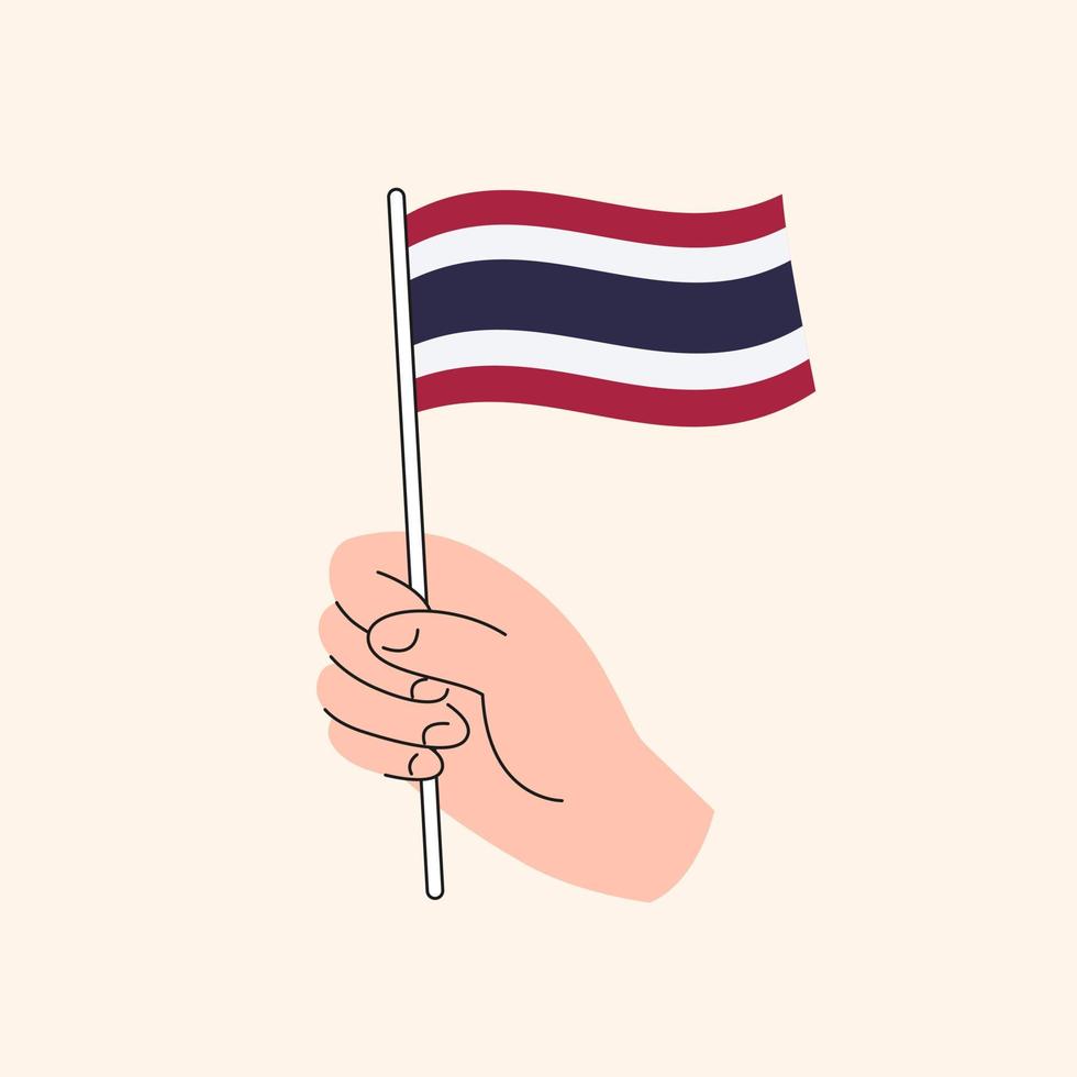 tecknad serie hand innehav thai flagga, enkel teckning. flagga av thailand, ceylon, begrepp illustration, platt design isolerat vektor. vektor