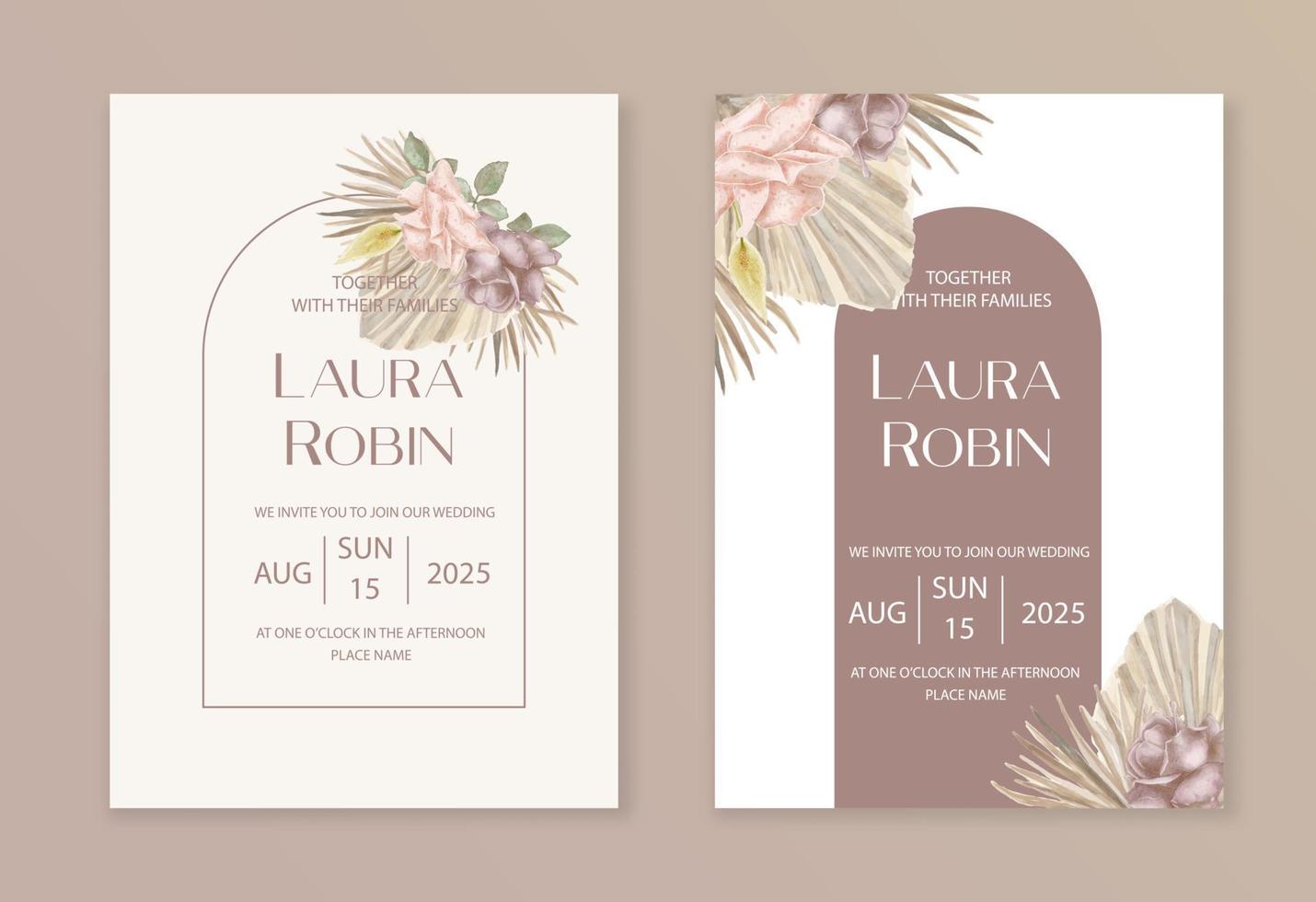 hochzeit getrocknete lunaria, rose, pampasgras florale vektorkarte. aquarell exotische getrocknete blumen, palmblätter boho einladungsvorlage. Save the Date Laubabdeckung, modernes Poster, trendiges Design. vektor