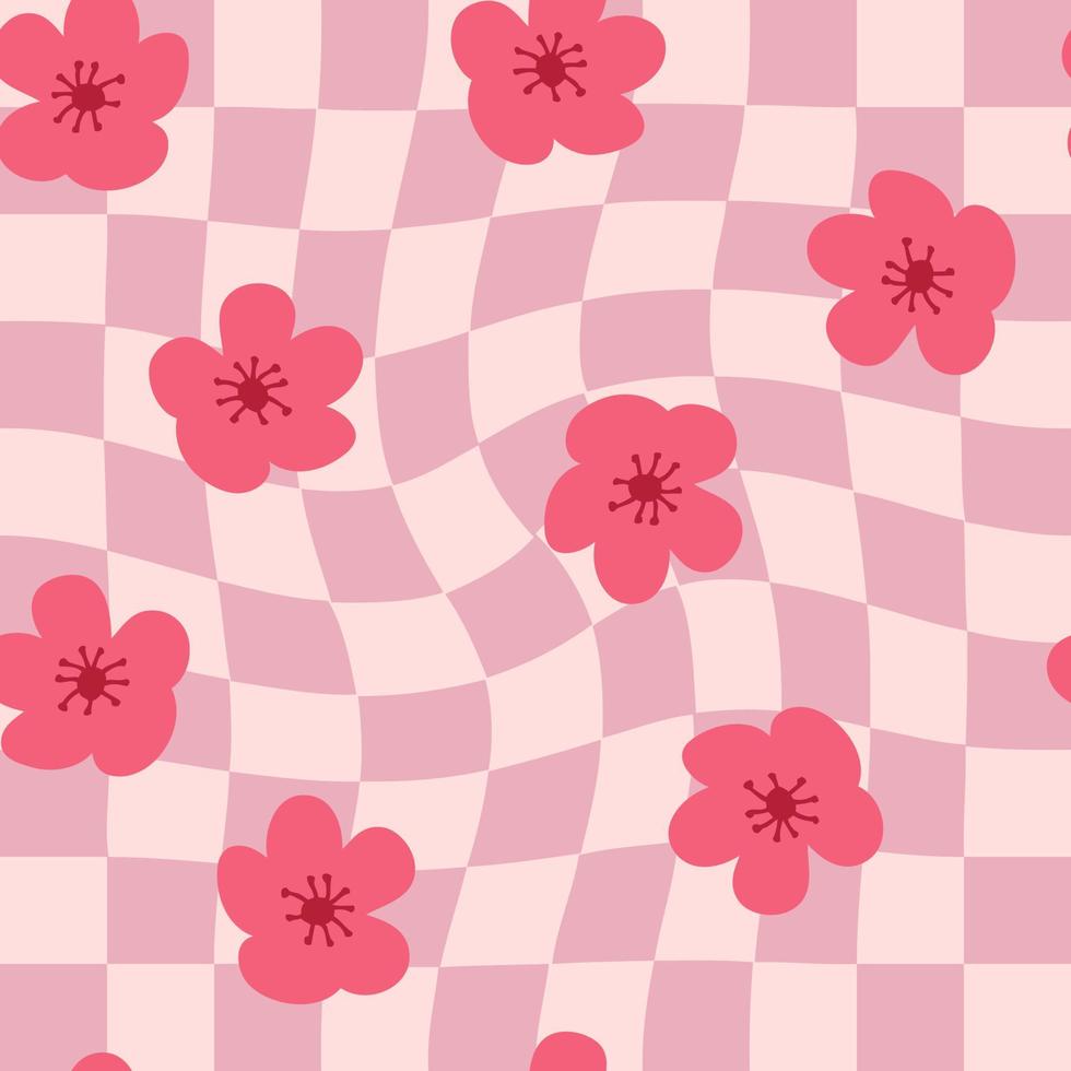 Retro-nahtloses Muster mit Blumen auf trippigem Gitterhintergrund. vektor