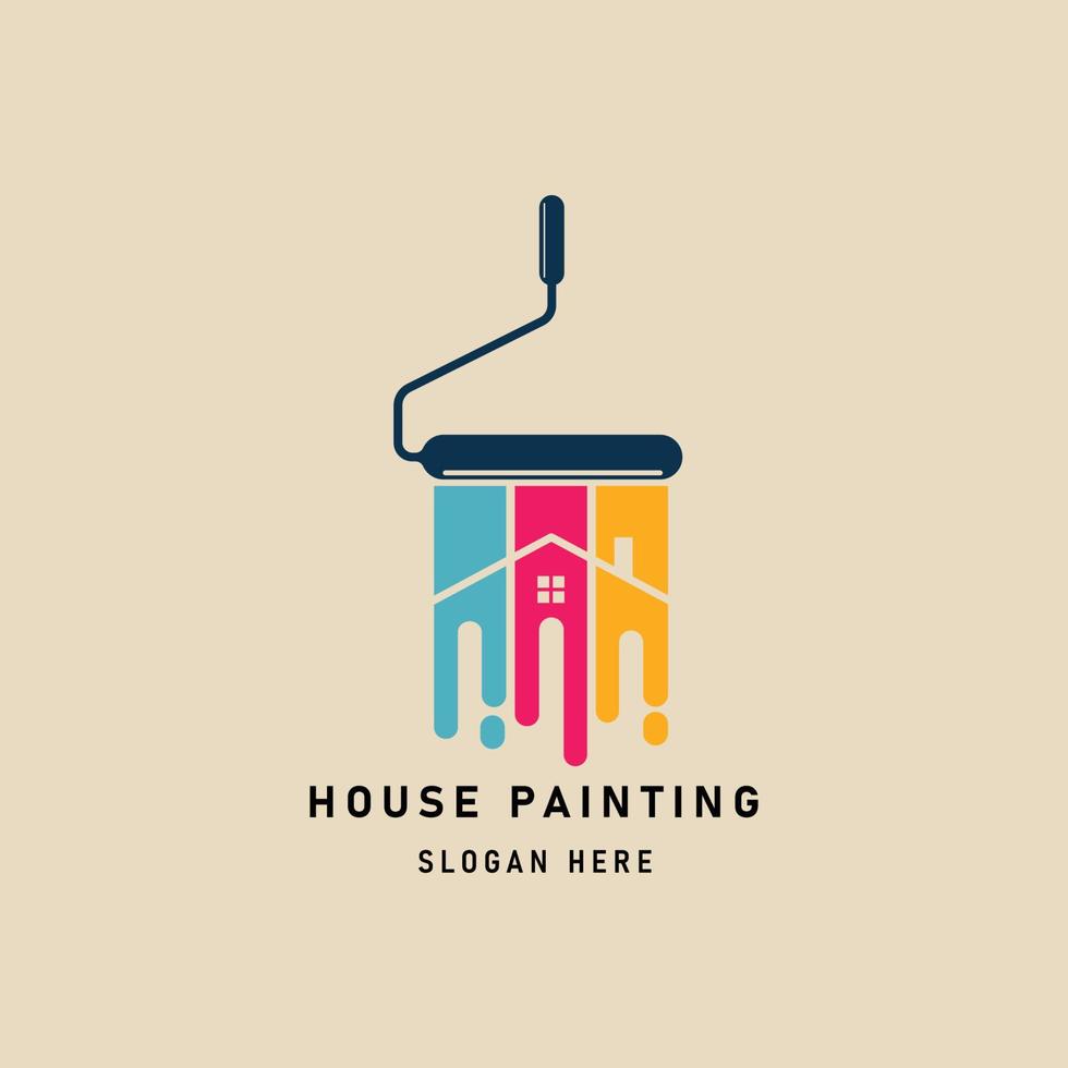 hus målning årgång logotyp med borsta vält vektor illustration design