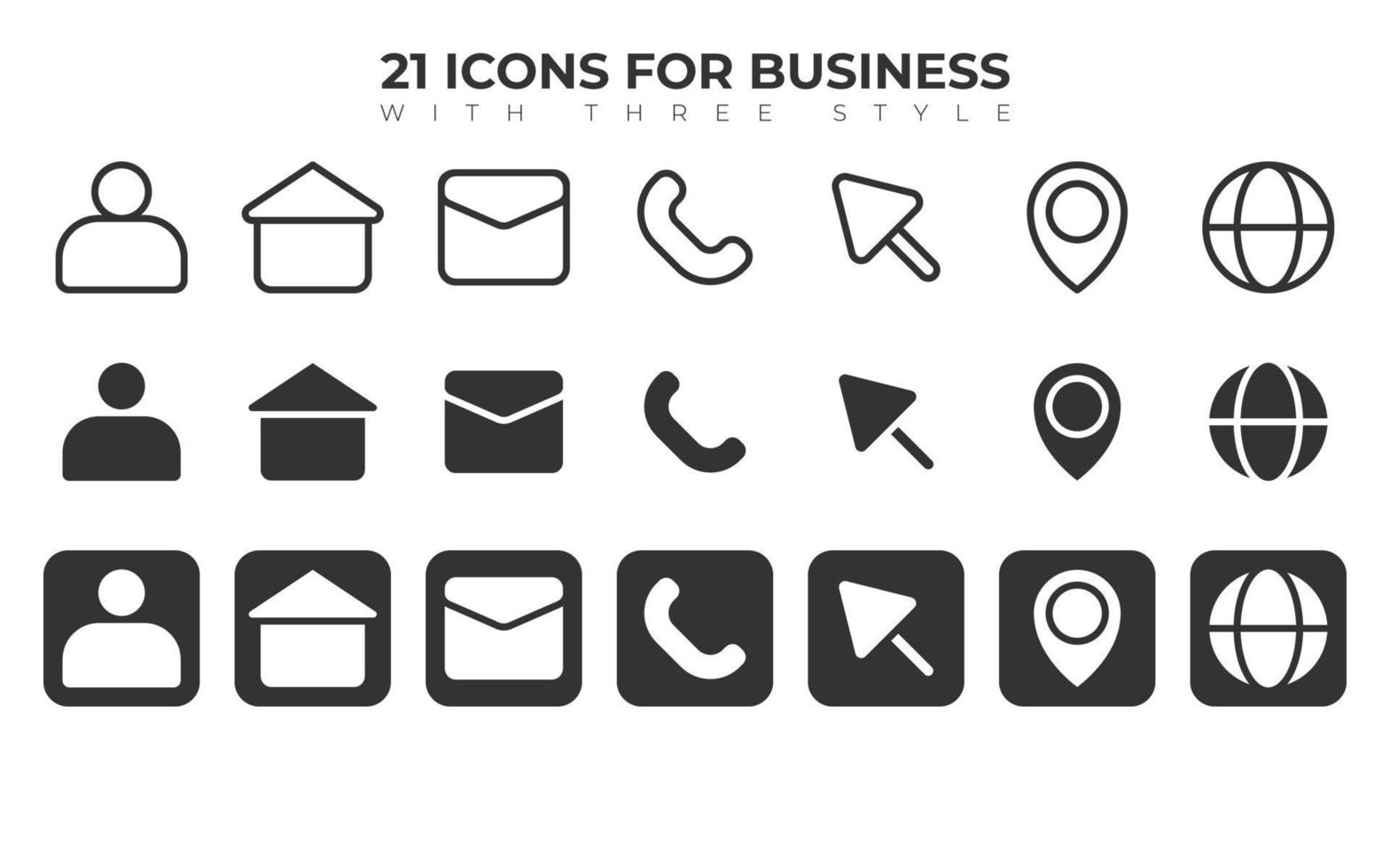 21 ikoner för företag med 3 stilar vektor