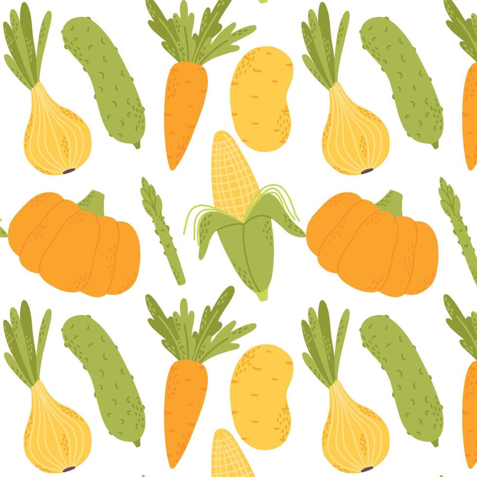 nahtloses Muster mit Gemüse. muster mit mais, kürbis, zwiebeln, karotten, gurken, kartoffeln. Vektor-Illustration. gezeichneter Stil. vektor