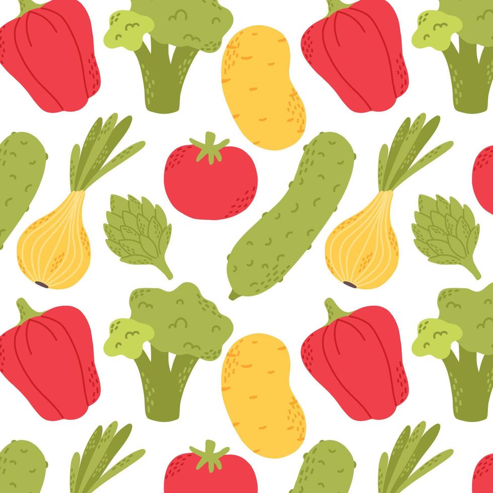 sömlös bakgrund med grönsaker. mönster med gurka, peppar, tomat, luom, potatis, broccoli. vektor illustration. teckning stil.