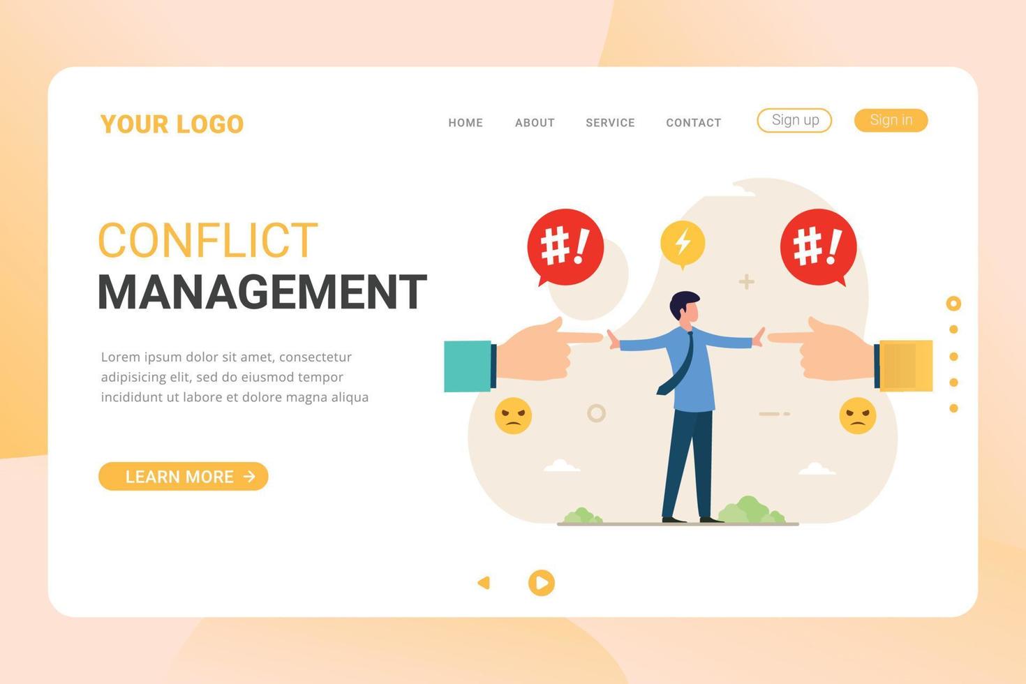 konflikt förvaltning landning sida mall vektor