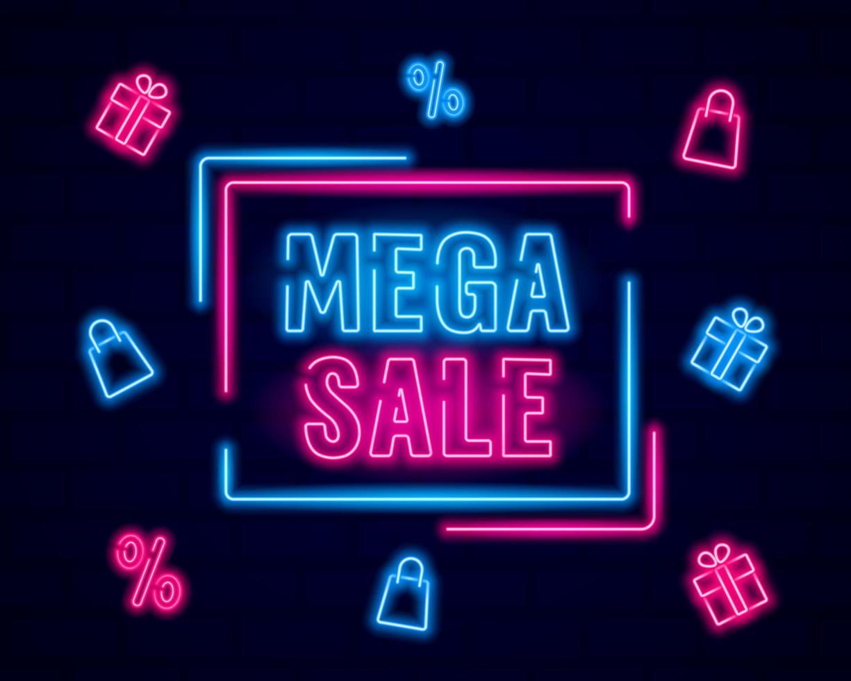 Mega-Sale-Neon-Vorlage, leuchtendes Banner, Rabatt, Einkaufen vektor