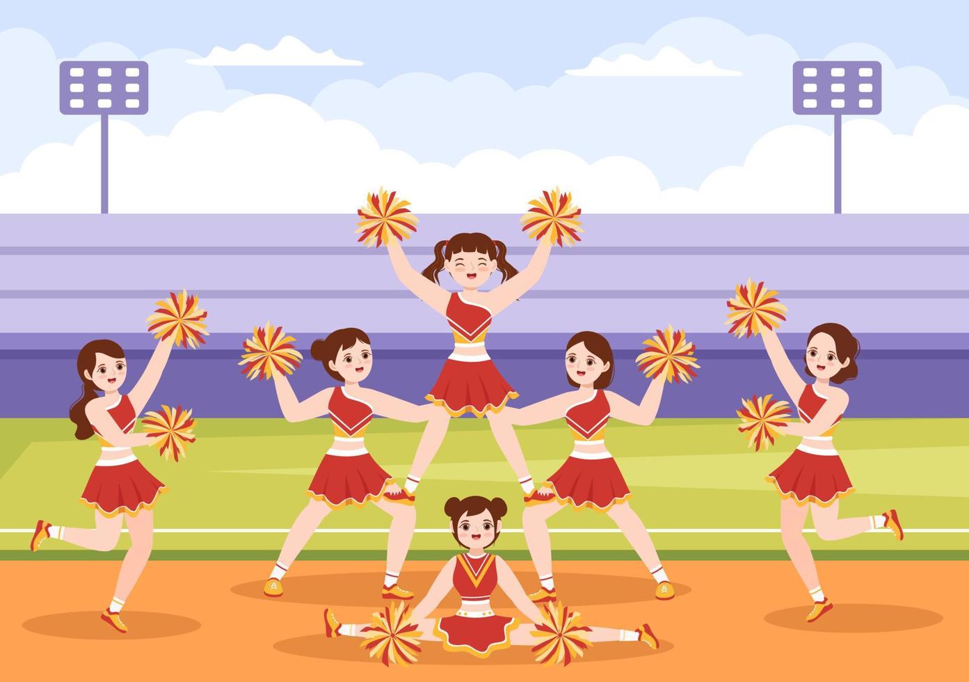cheerleadermädchen mit pompons des tanzens und springens zur unterstützung des mannschaftssports während des wettbewerbs auf handgezeichneten vorlagenillustrationen der flachen karikatur vektor