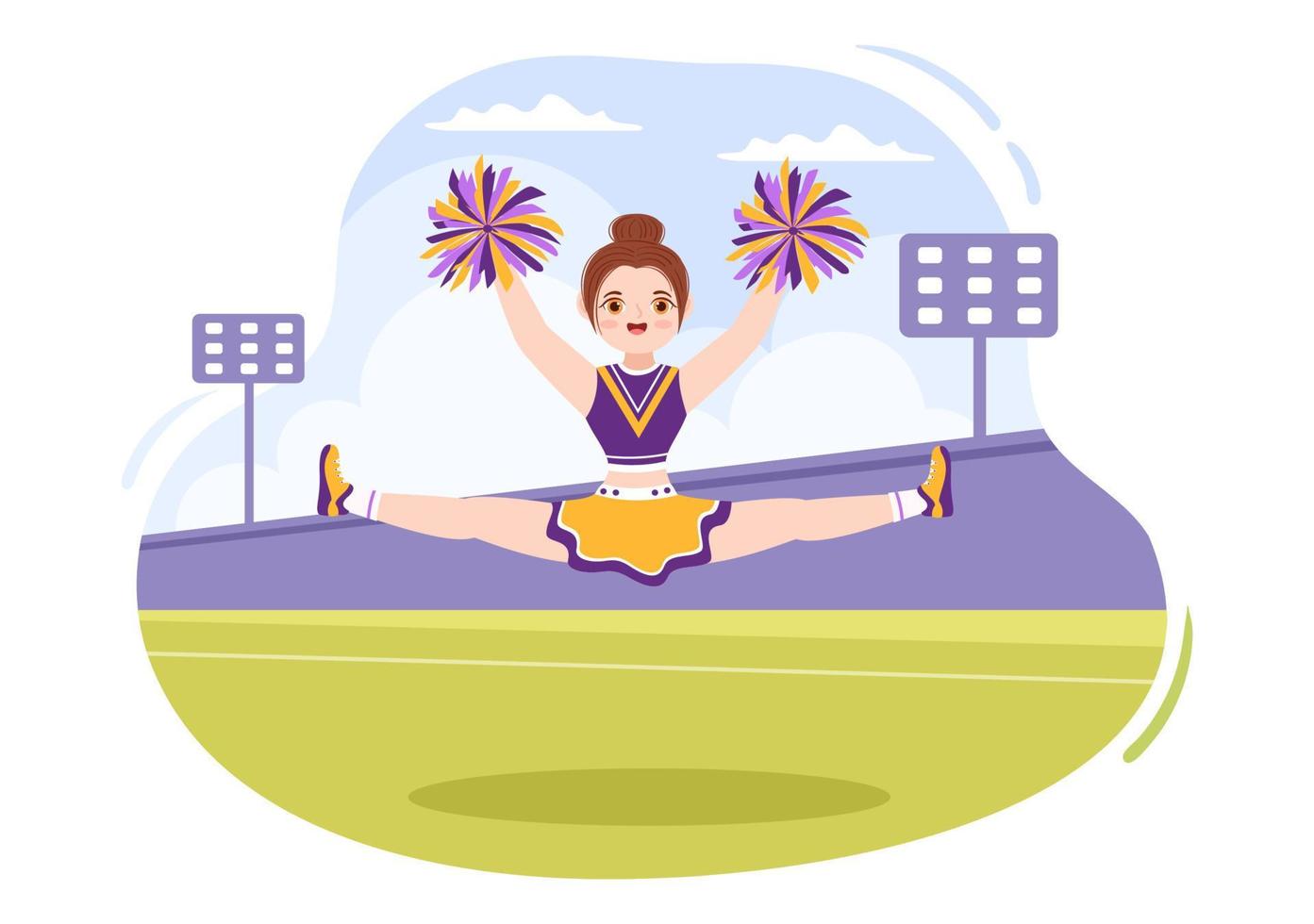 cheerleader flicka med pompoms av dans och Hoppar till Stöd team sport under konkurrens på platt tecknad serie hand dragen mallar illustration vektor