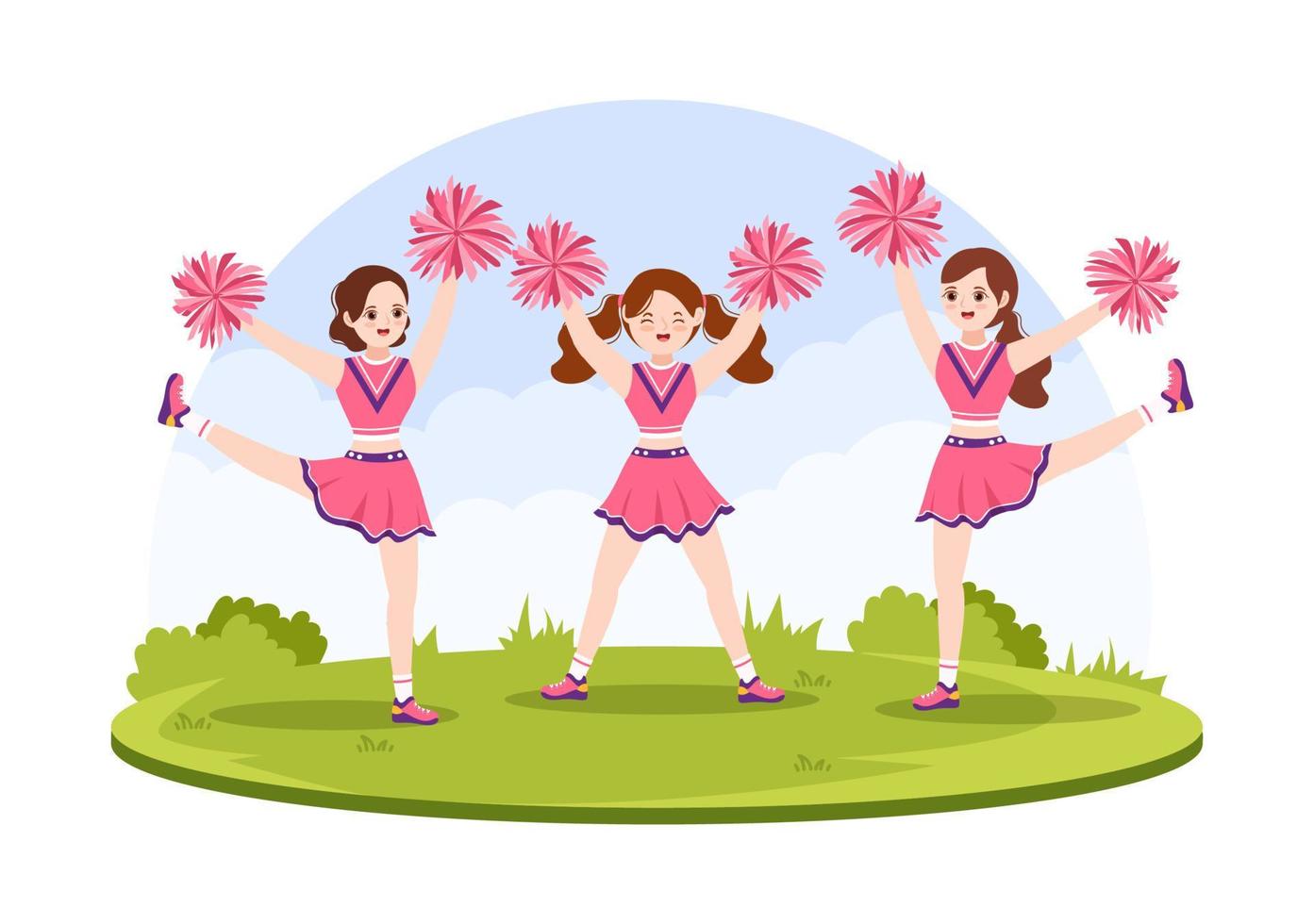 cheerleadermädchen mit pompons des tanzens und springens zur unterstützung des mannschaftssports während des wettbewerbs auf flachen handgezeichneten vorlagenillustrationen der karikatur vektor