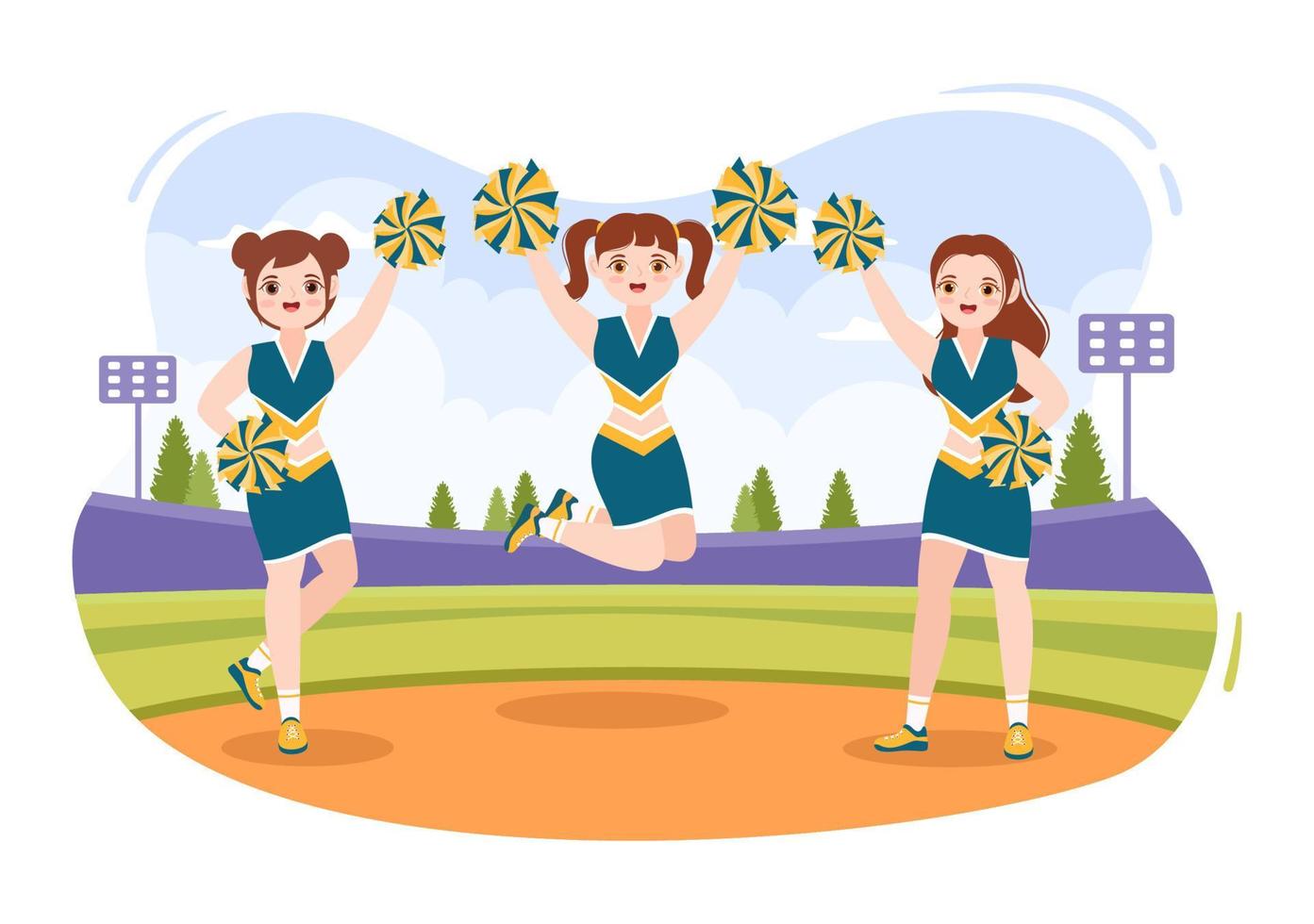 cheerleadermädchen mit pompons des tanzens und springens zur unterstützung des mannschaftssports während des wettbewerbs auf flachen handgezeichneten vorlagenillustrationen der karikatur vektor