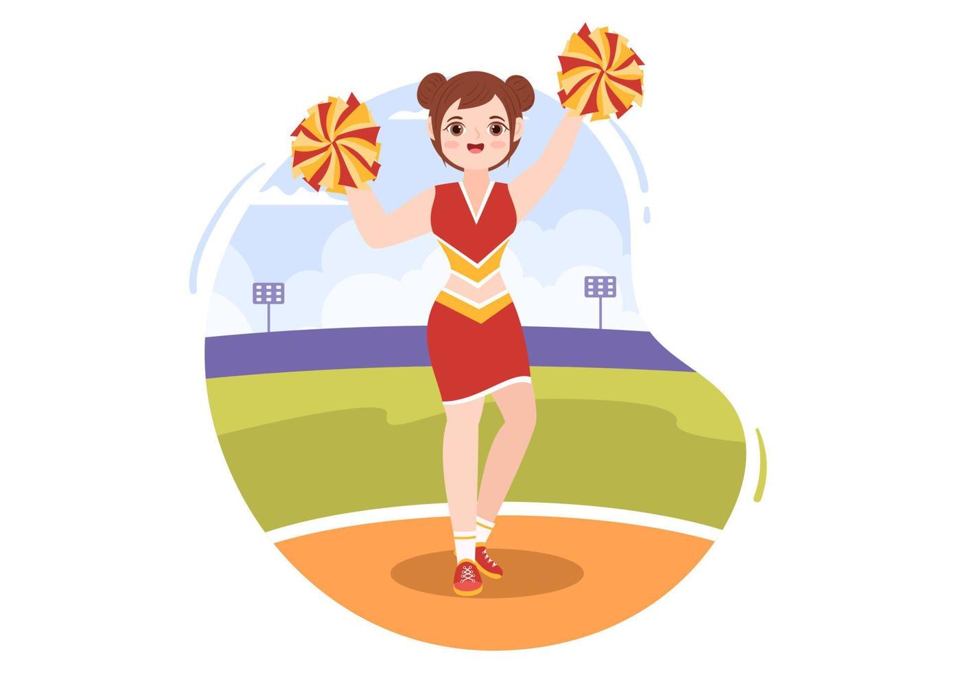 cheerleadermädchen mit pompons des tanzens und springens zur unterstützung des mannschaftssports während des wettbewerbs auf flachen handgezeichneten vorlagenillustrationen der karikatur vektor