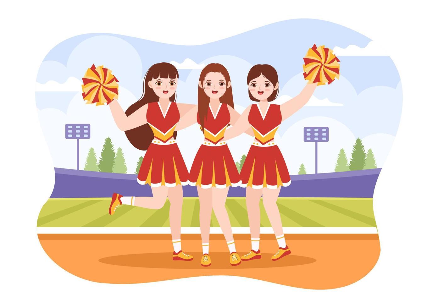 cheerleader flicka med pompoms av dans och Hoppar till Stöd team sport under konkurrens på platt tecknad serie hand dragen mallar illustration vektor