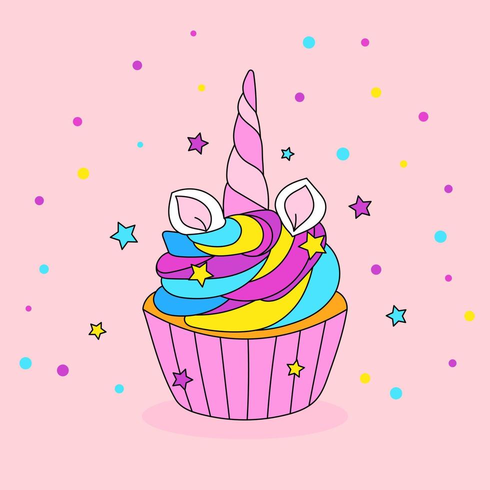 Einhorn-Cupcake-Design. Alles Gute zum Geburtstagskarte für ein Kind. festliches Mädchen-Banner-Design. Vektor-Illustration vektor