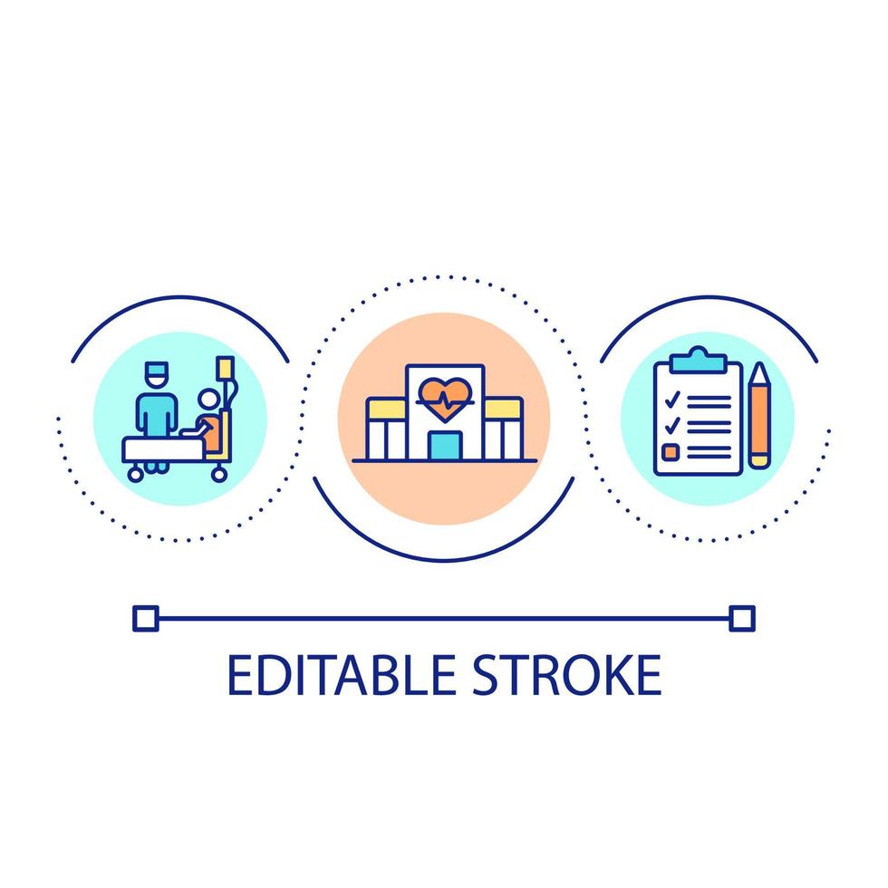 klinisk behandling och kolla upp slinga begrepp ikon. medicinsk infrastruktur. sjukvård abstrakt aning tunn linje illustration. isolerat översikt teckning. redigerbar stroke. vektor