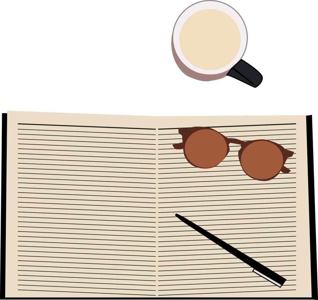 Tasse und Notizbuch, Illustration, Vektor auf weißem Hintergrund.
