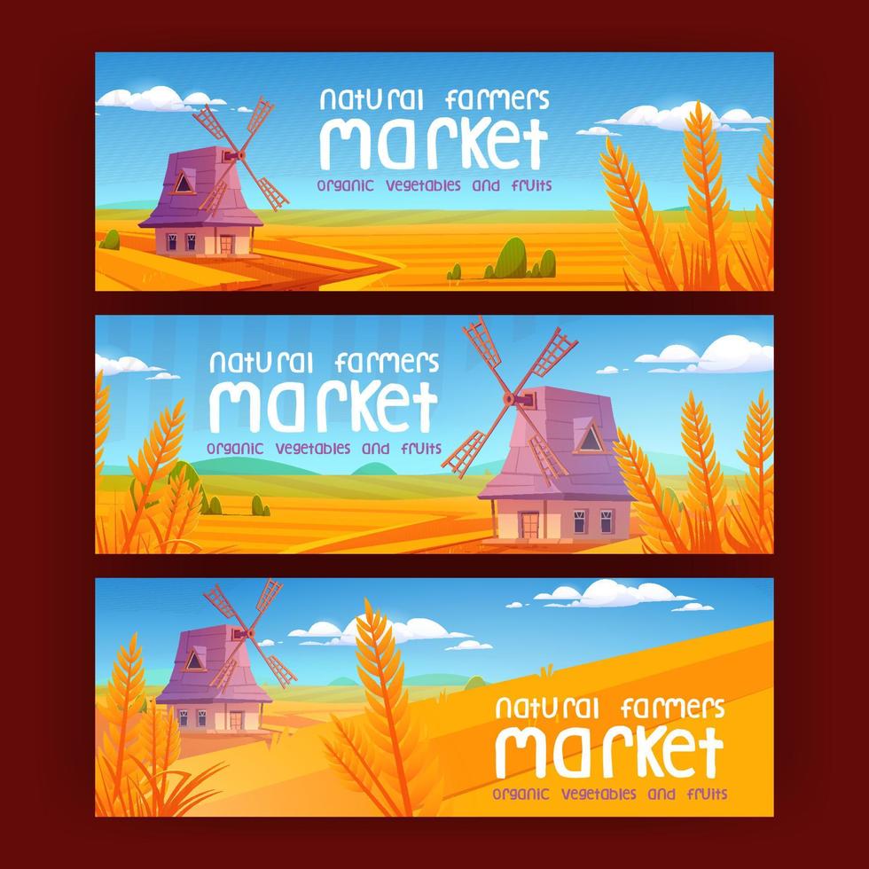Cartoon-Banner für den natürlichen Bauernmarkt, Windmühle vektor