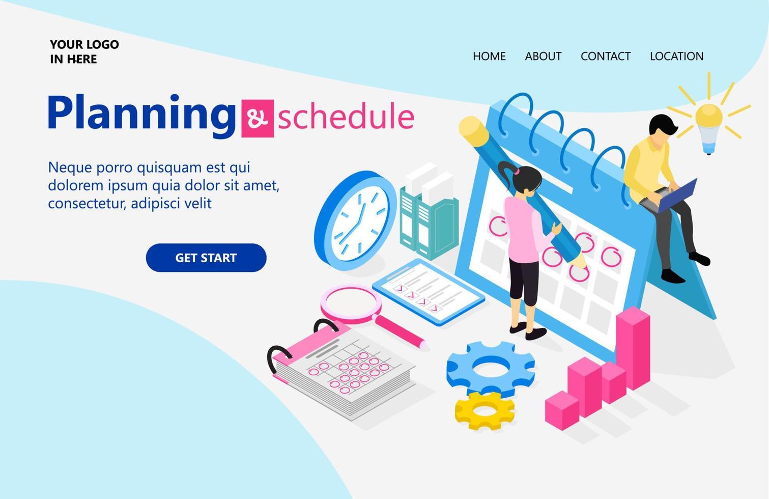 Landing Page mit Illustration des Geschäftsplans und Zeitplans im isometrischen Stil vektor