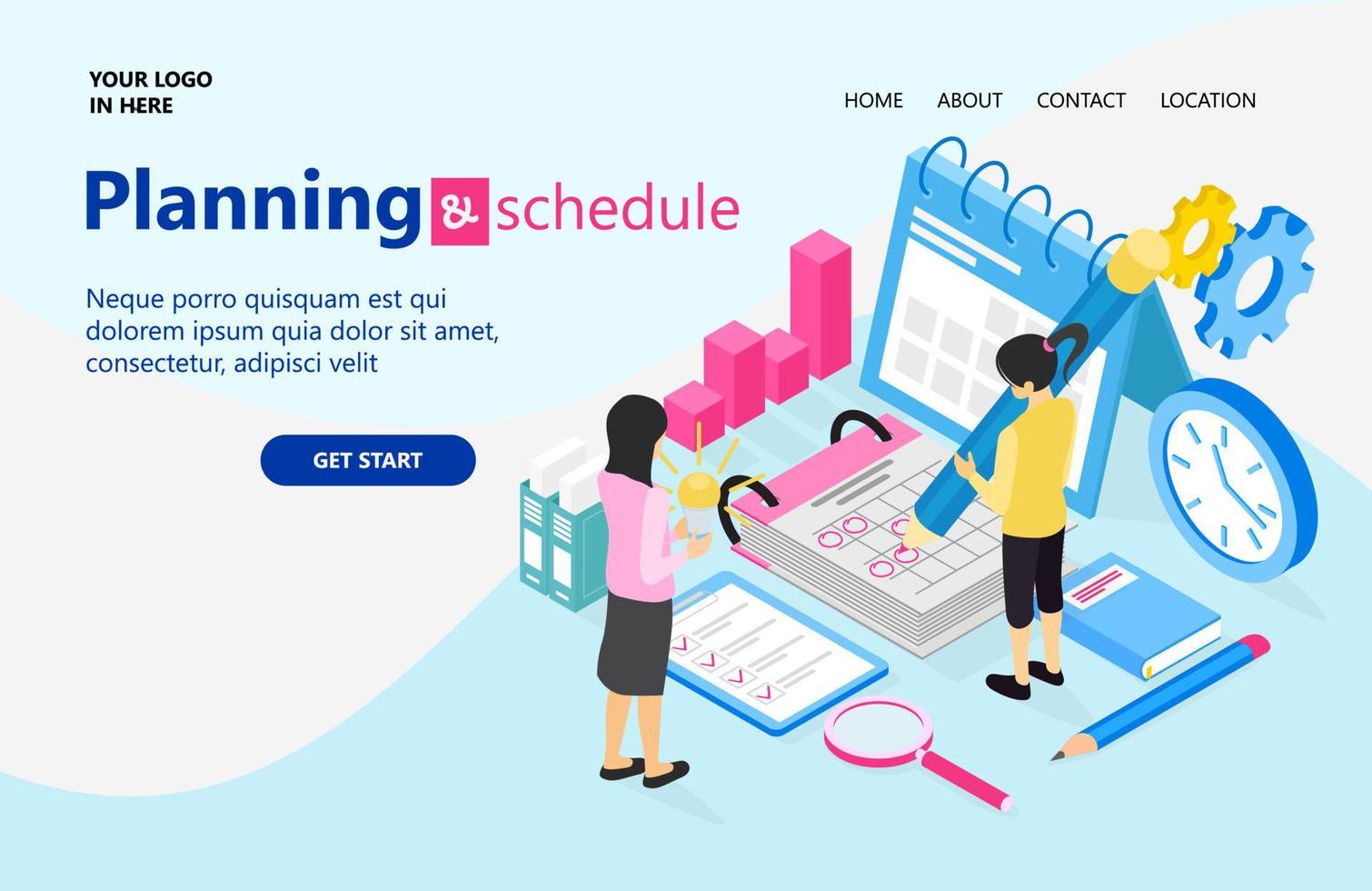 Landing Page mit Illustration des Geschäftsplans und Zeitplans im isometrischen Stil vektor