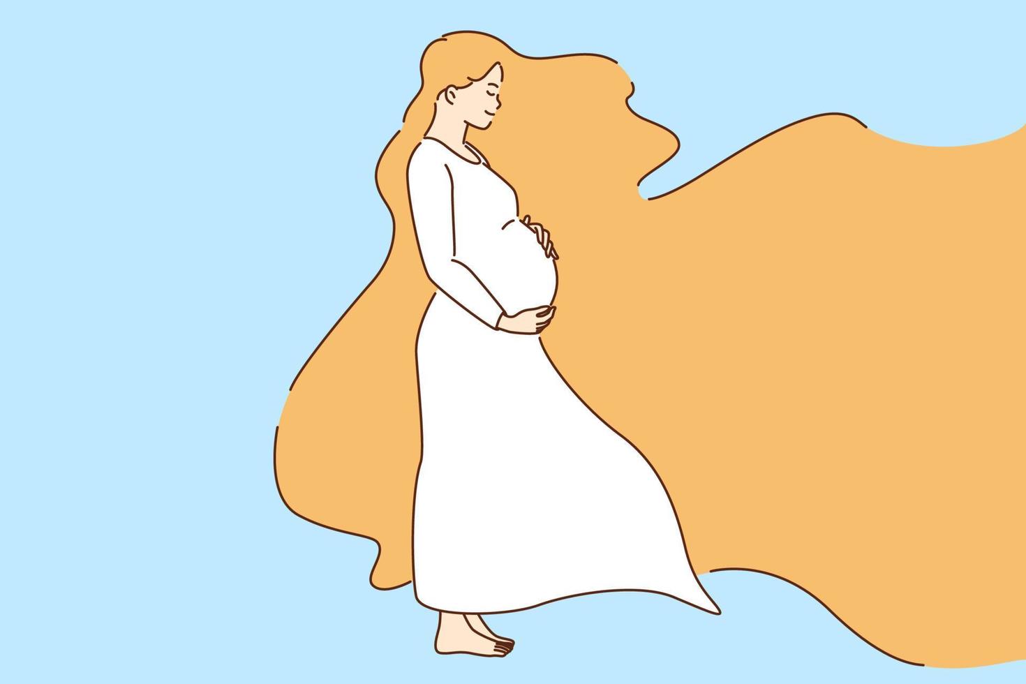 skönhet av gravid kvinna begrepp. ung leende gravid kvinna tecknad serie karaktär stående kramas mage känsla Lycklig med hår flygande vektor illustration
