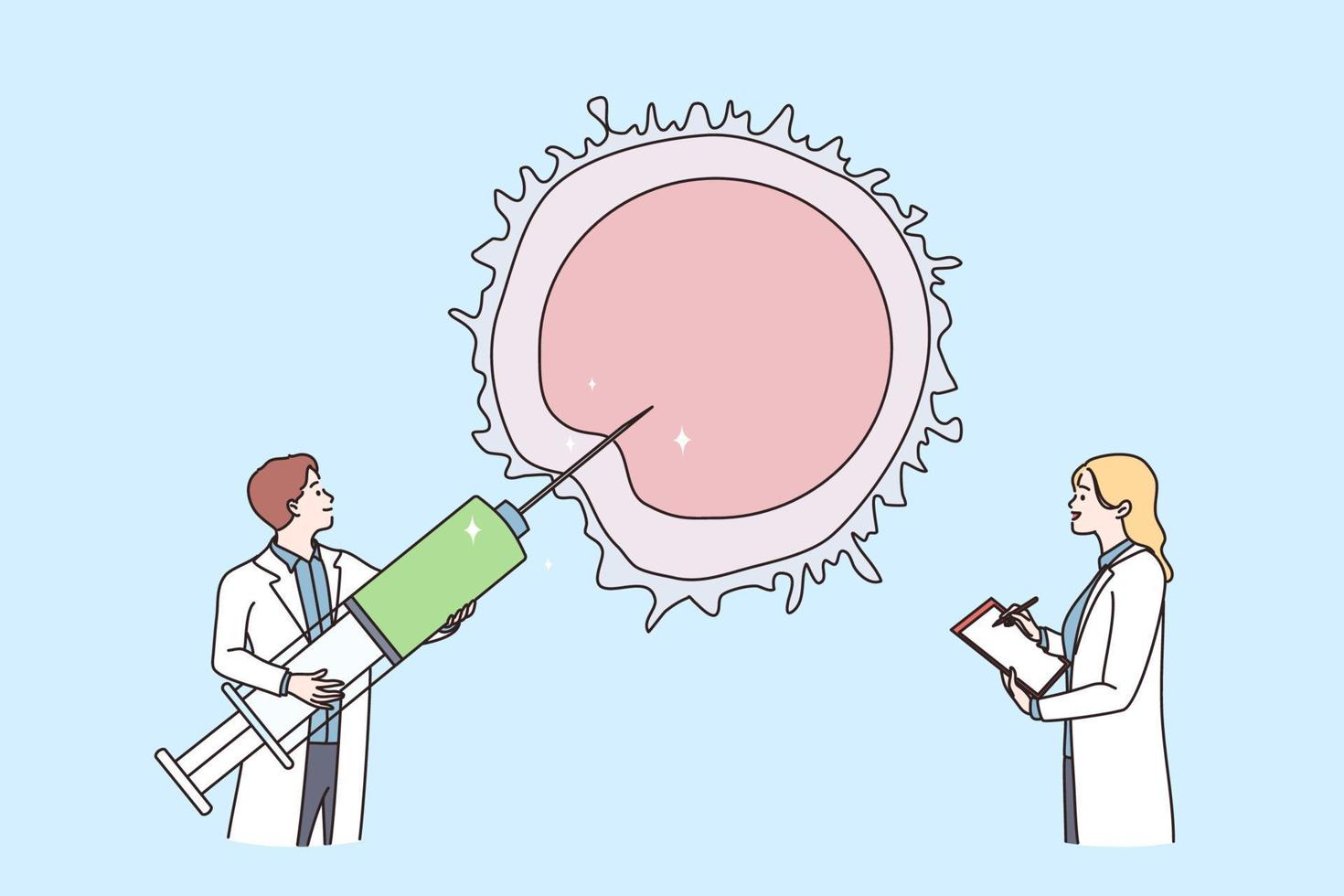 reproduktologi och reproduktiv systemet hälsa begrepp. två doktorer man och kvinna innehav spruta och påfrestande till nå ut göra artificiell insemination vektor illustration