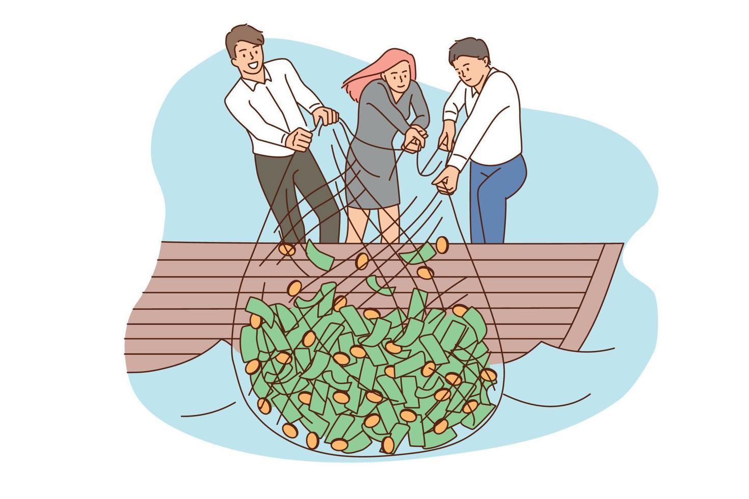 vinst, finansiell Framgång, rikedom begrepp. grupp av ung leende företag partners sätta fiske säck med högar av kontanter papper valuta och mynt vektor illustration